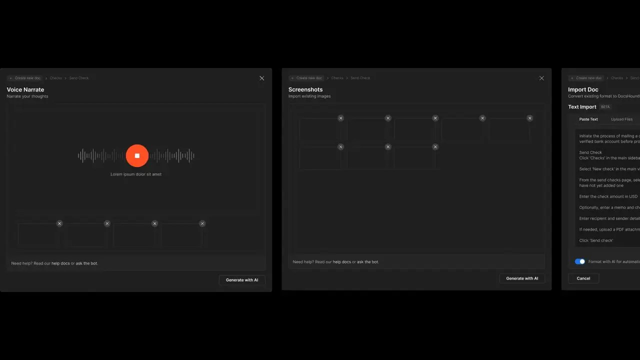 DocsHound platform overview showing Voice Narrate, Screenshots, and Import Doc sections.