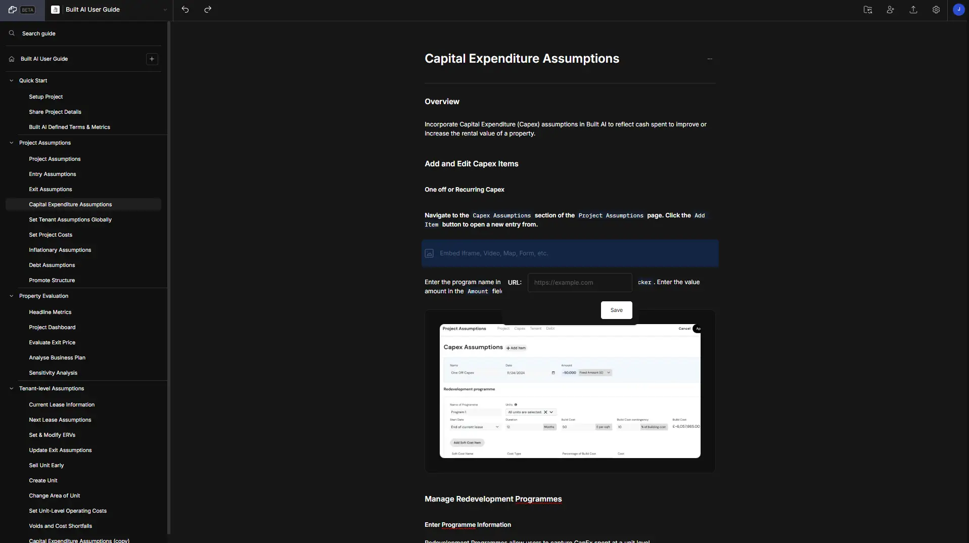 DocsHound Capital Expenditure Assumptions editing screen with navigation panel and content area.