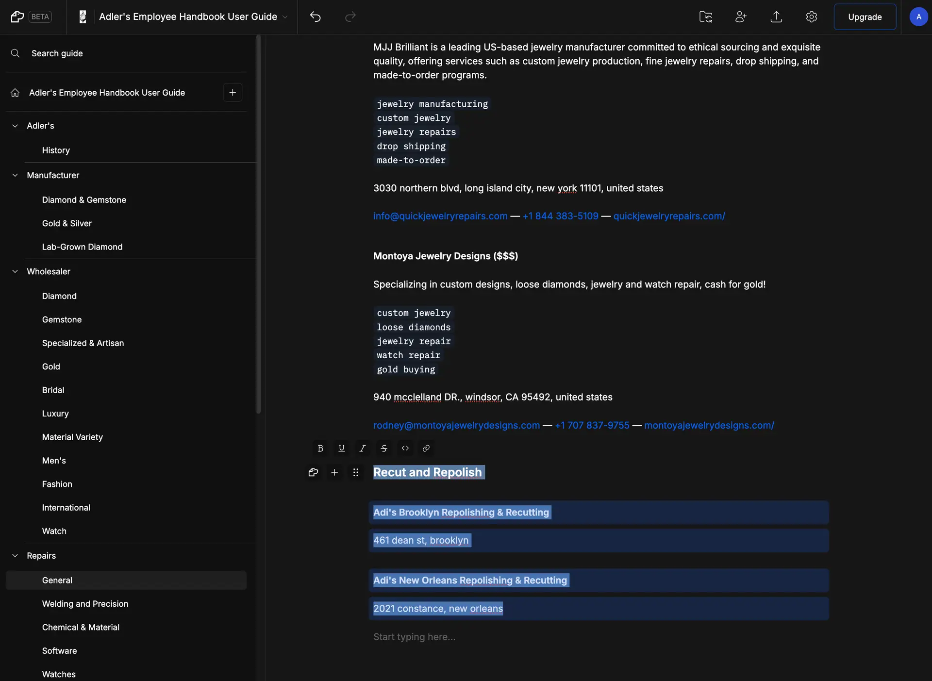 DocsHound interface showing Adler's Employee Handbook User Guide with jewelry manufacturer details and recut and repolish services.