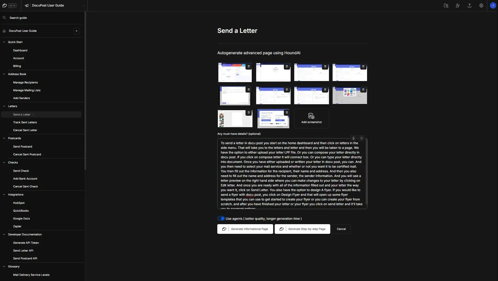 DocsHound Send a Letter page with navigation menu and content generation options.