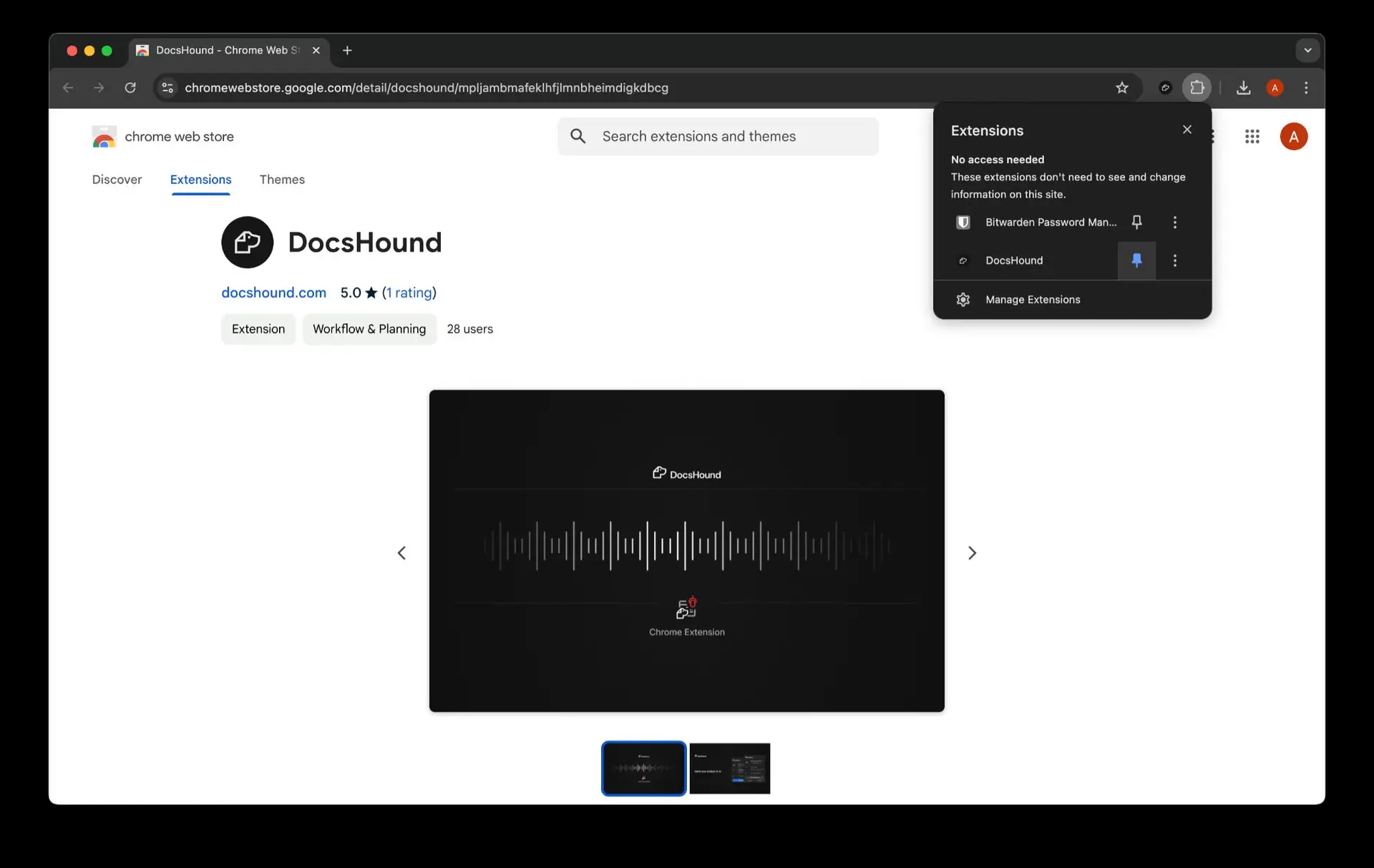 Chrome Web Store page for DocsHound extension