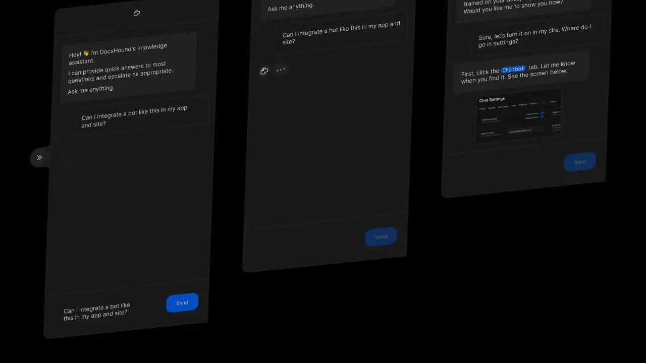 DocsHound platform chat interface with knowledge assistant conversation about bot integration.