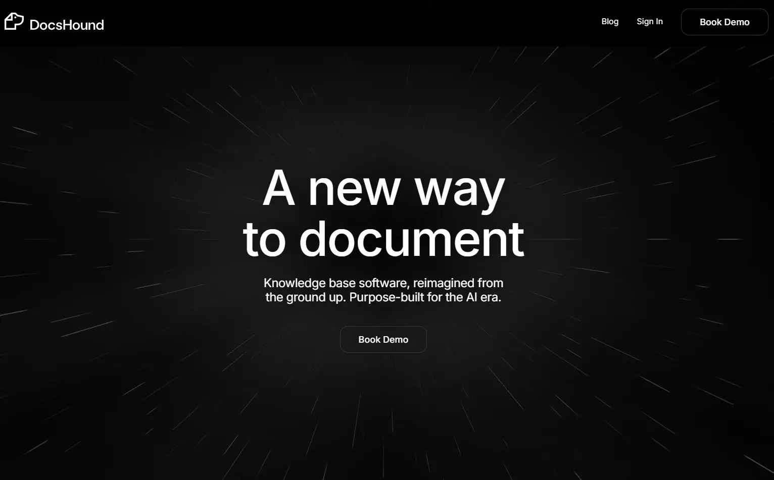 DocsHound homepage with headline 'A new way to document' and 'Book Demo' button.