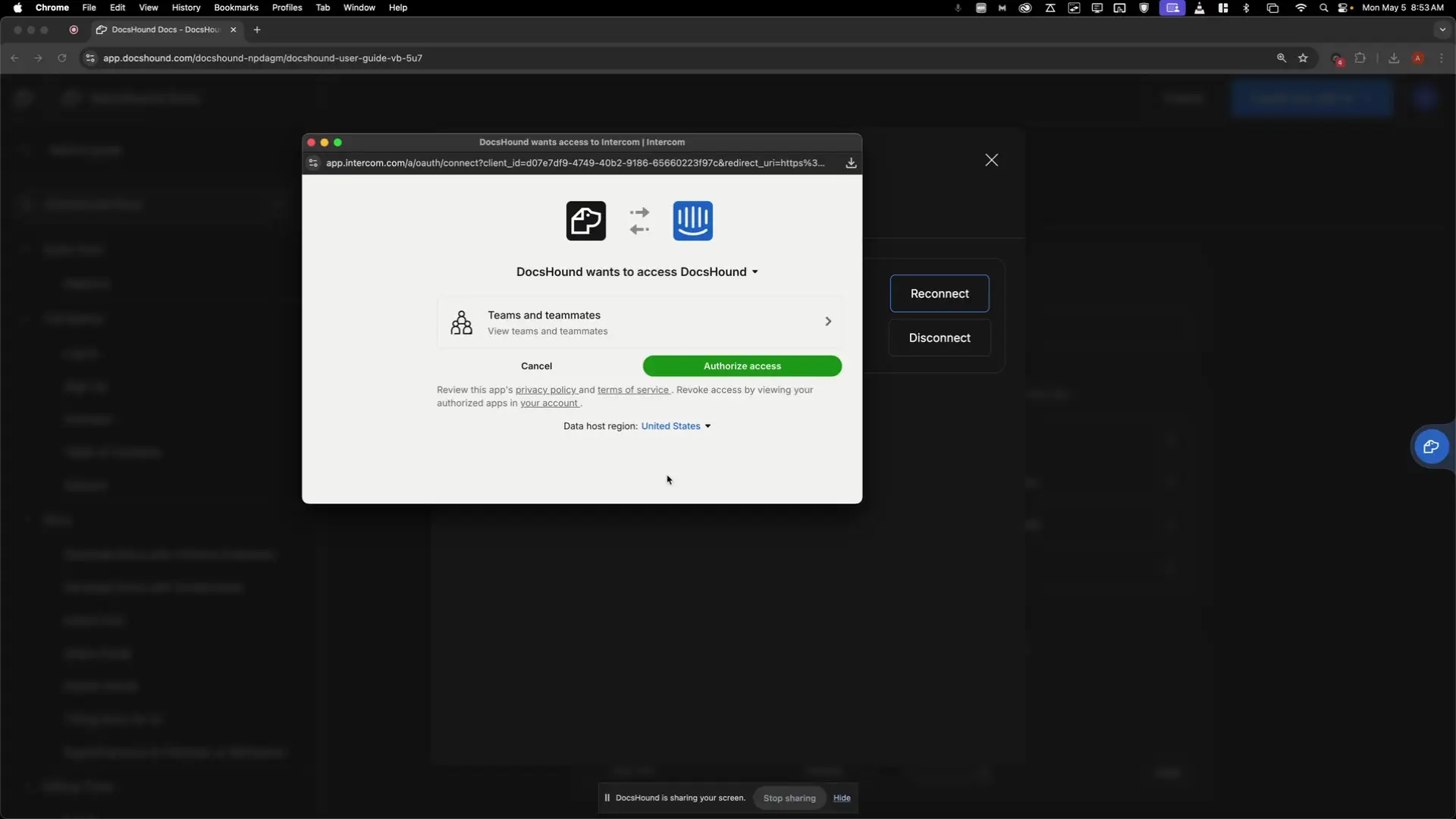 DocsHound integration authorization screen with Intercom
