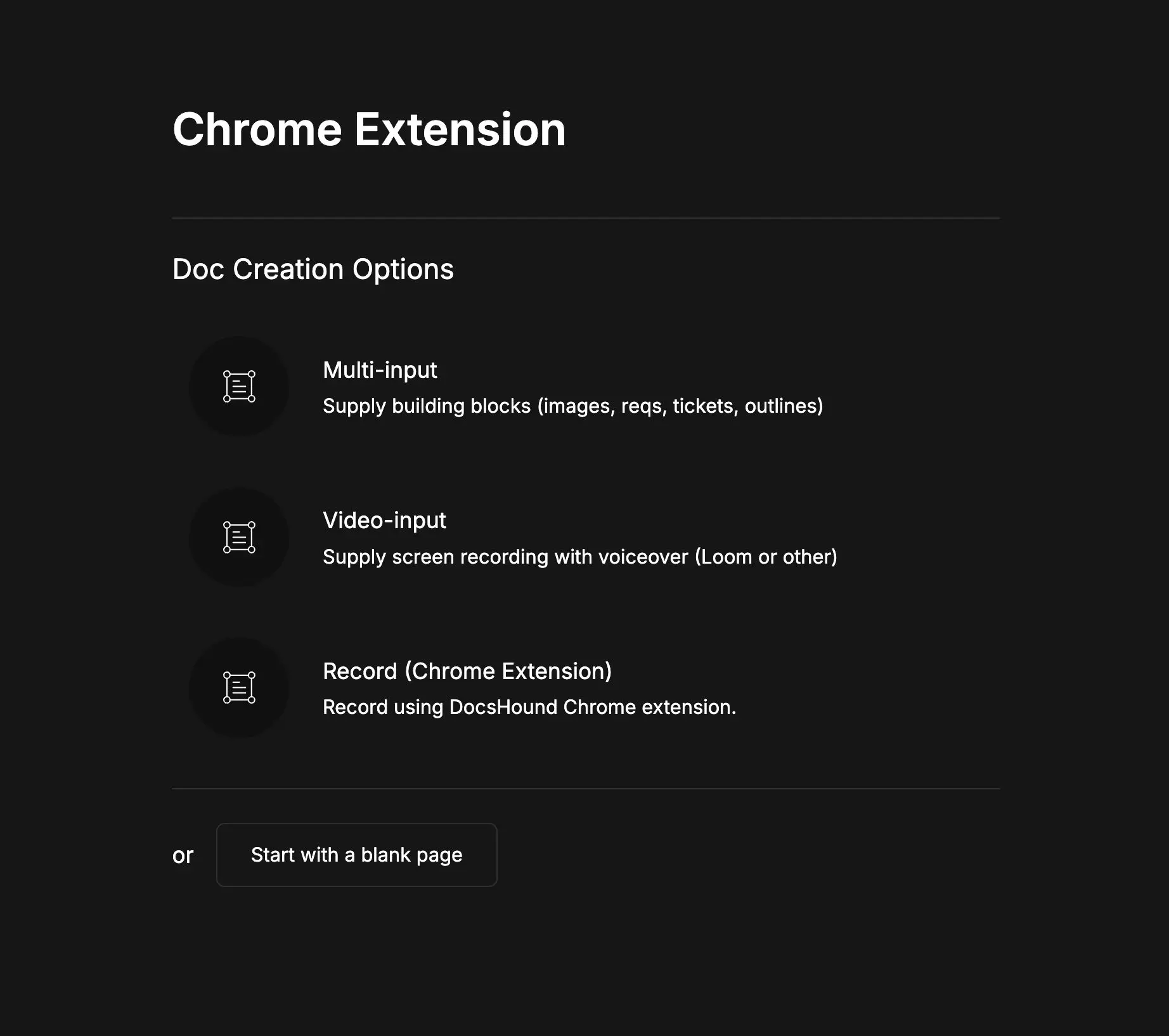 DocsHound Chrome Extension Doc Creation Options screen