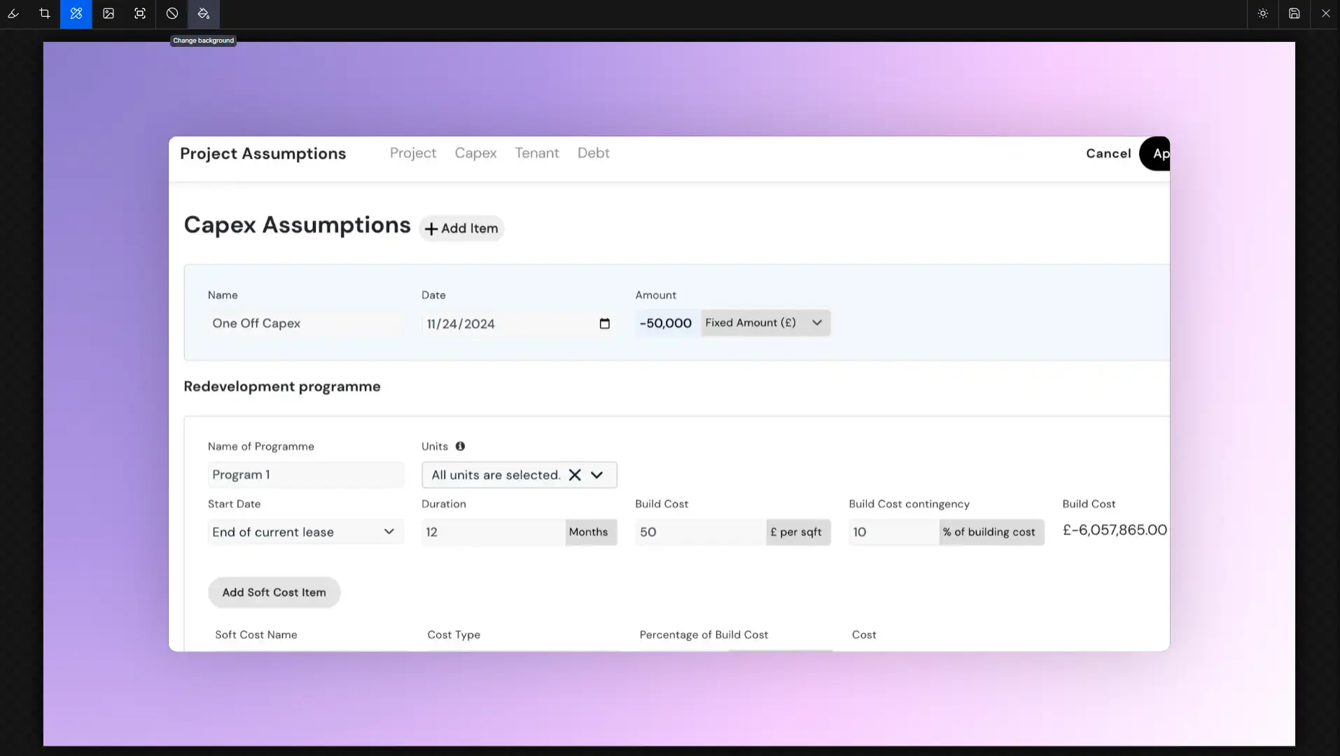 Screenshot of DocsHound project assumptions editing interface with fields for Capex and Redevelopment programme details.