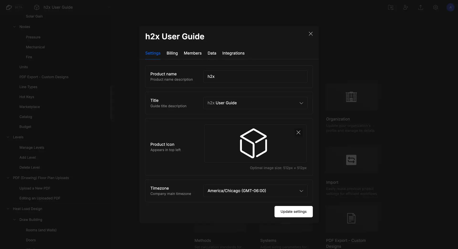 DocsHound h2x User Guide settings screen with product name, title, product icon, and timezone fields.