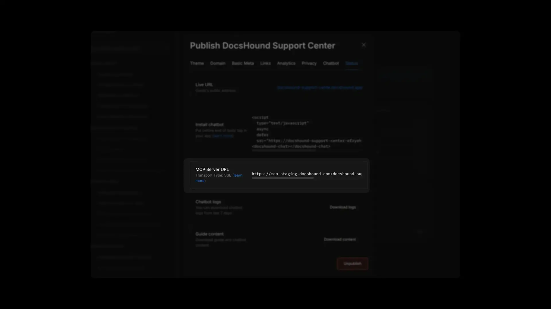 Publish DocsHound Support Center Status tab showing Live URL, Install chatbot script, MCP Server URL, and options to download logs and content.