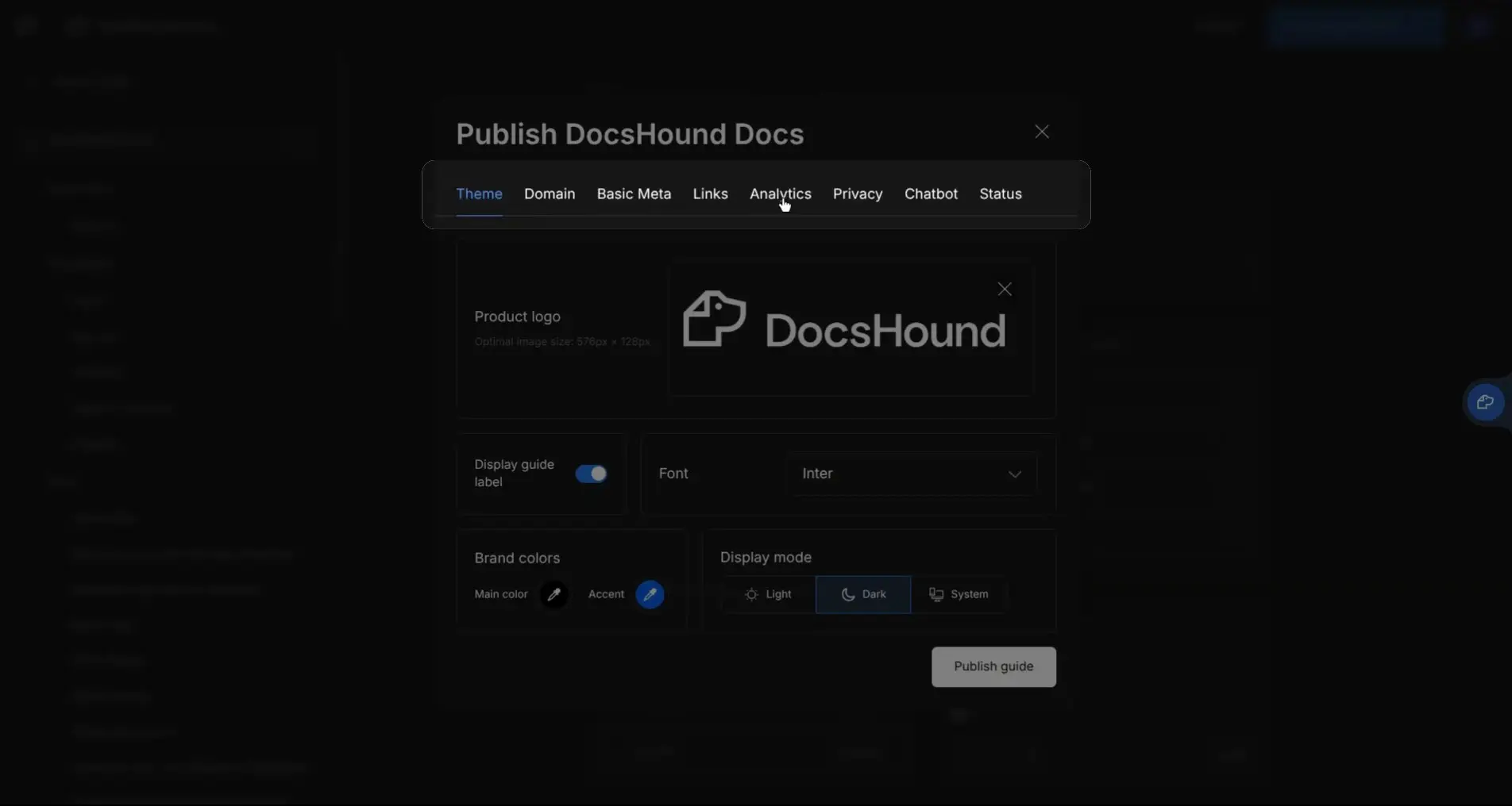 Publish DocsHound Docs interface with theme settings and publish guide button.