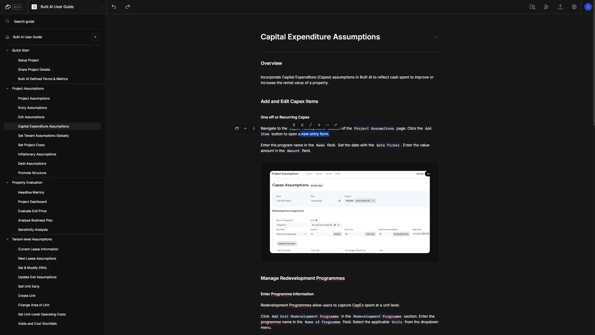 DocsHound Edit Articles - Capital Expenditure Assumptions page