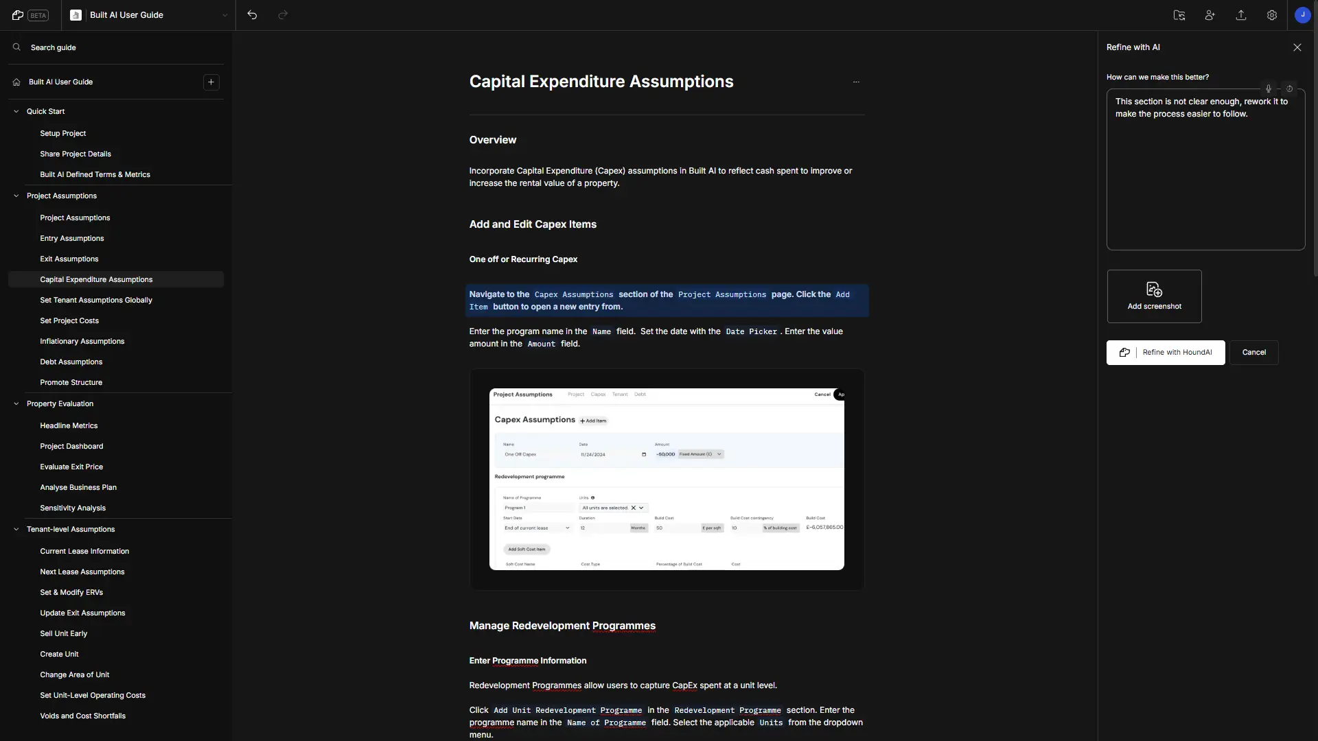 DocsHound Capital Expenditure Assumptions page with AI refinement tools.