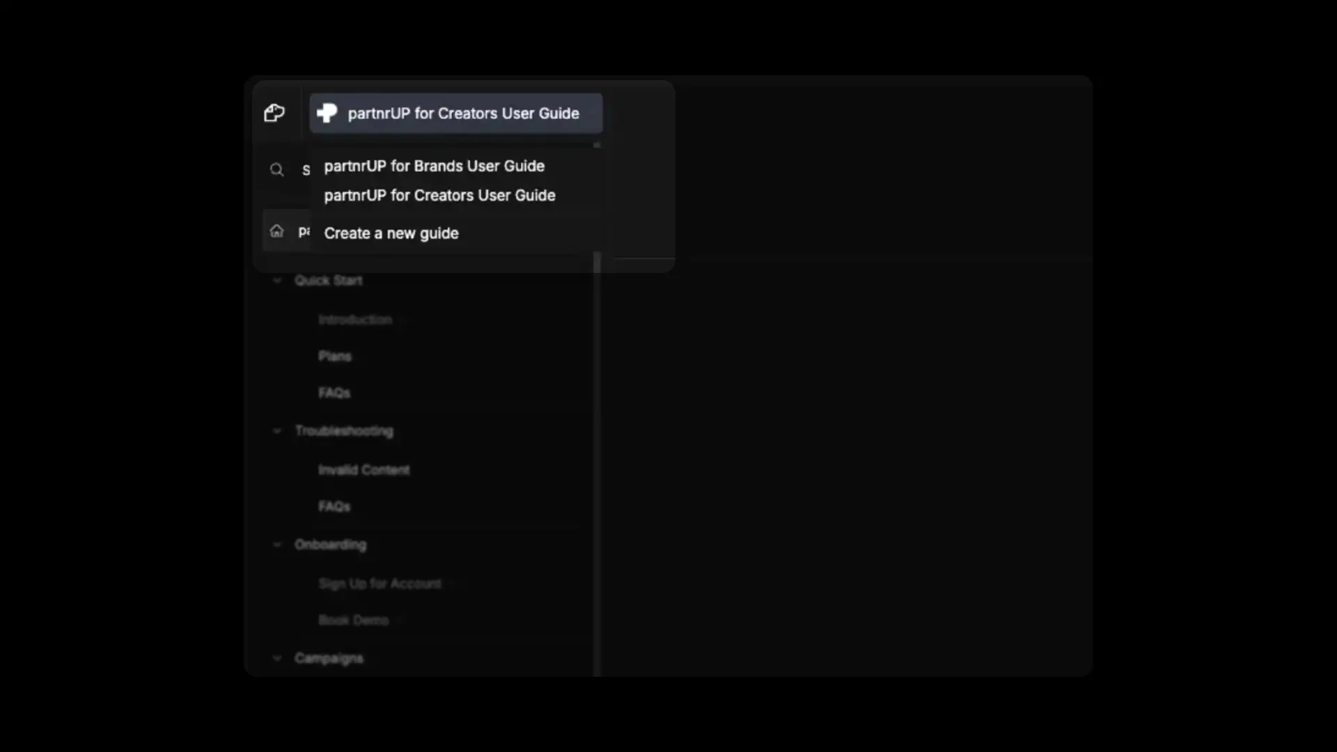 DocsHound interface showing guide switching options and navigation panel for partnrUP user guides.