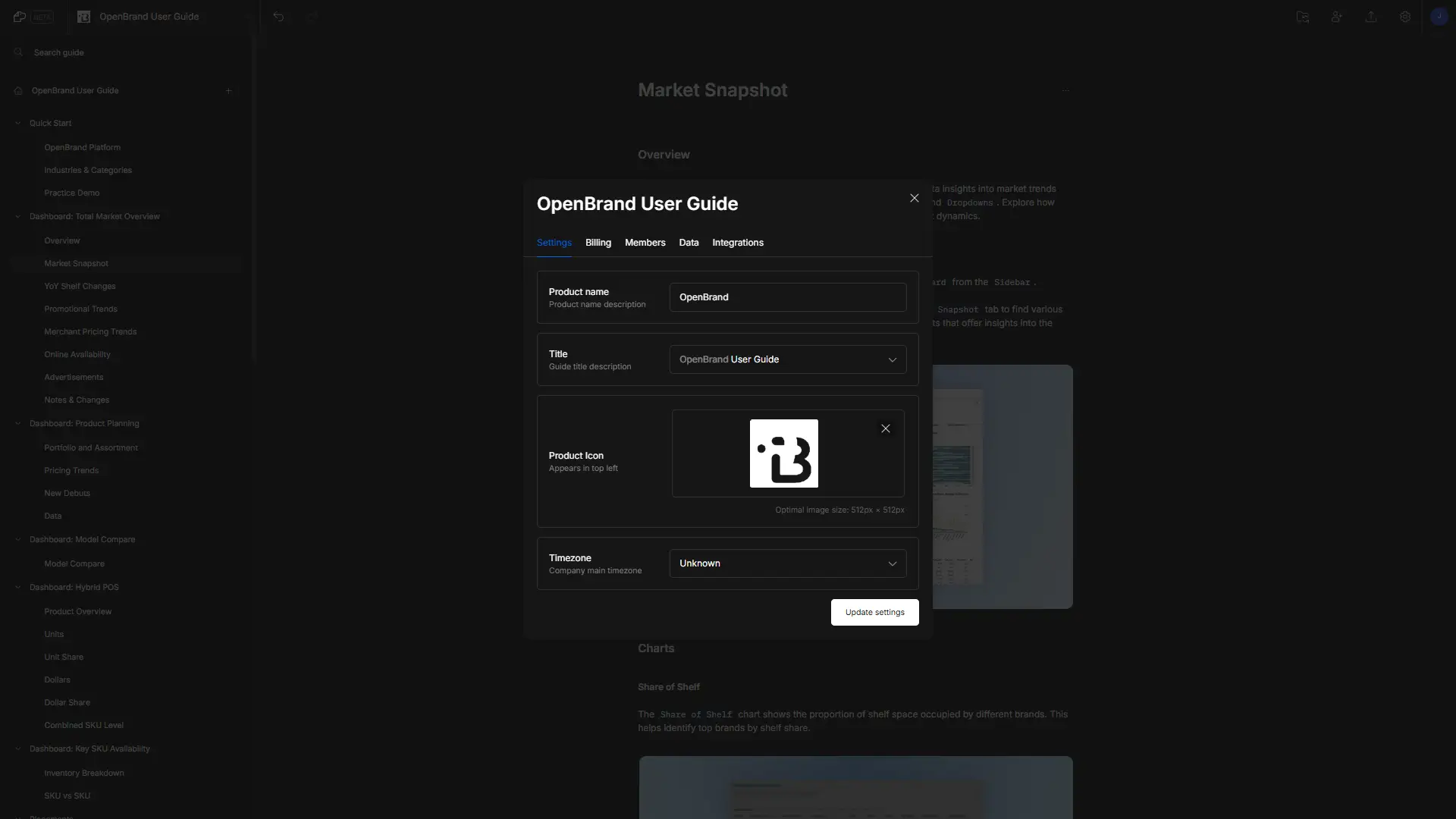 DocsHound Guide Settings interface for OpenBrand User Guide.