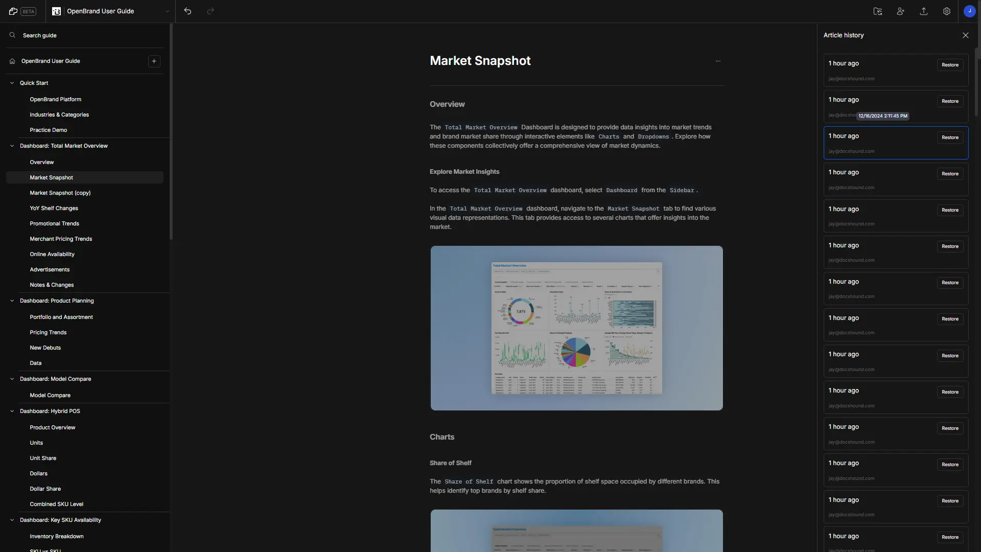 DocsHound OpenBrand User Guide Market Snapshot article with navigation menu and article history.