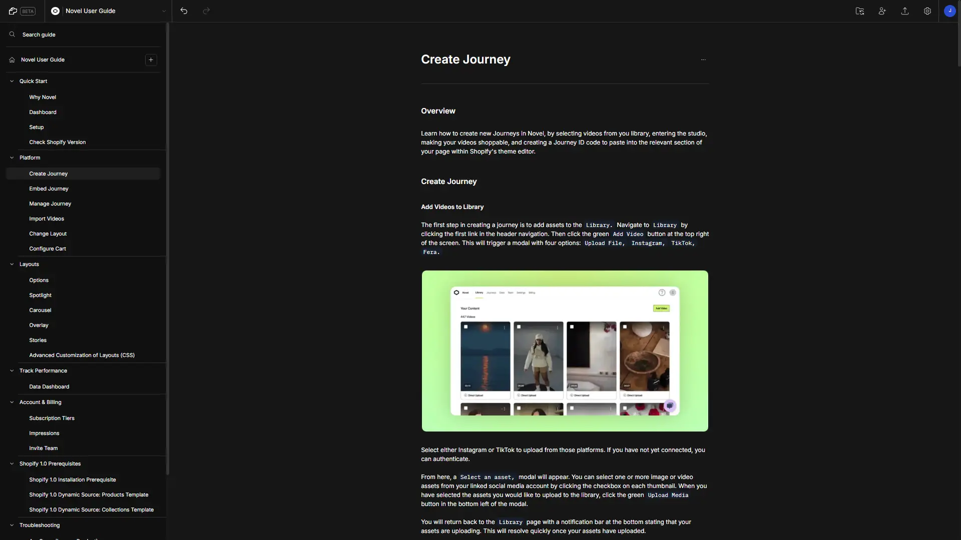 DocsHound Novel User Guide - Create Journey page with instructions on adding videos to the library.