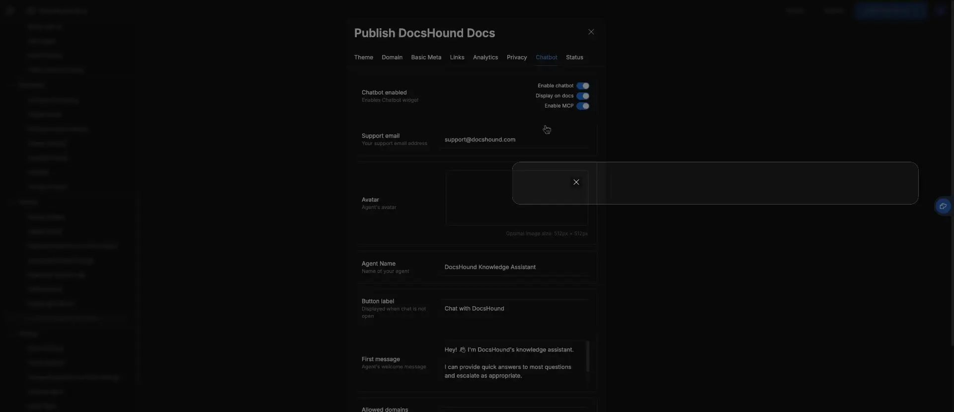 Publish DocsHound Docs interface showing Chatbot settings with options to enable chatbot, display on docs, and enable MCP, along with fields for support email, avatar, agent name, button label, and first message.
