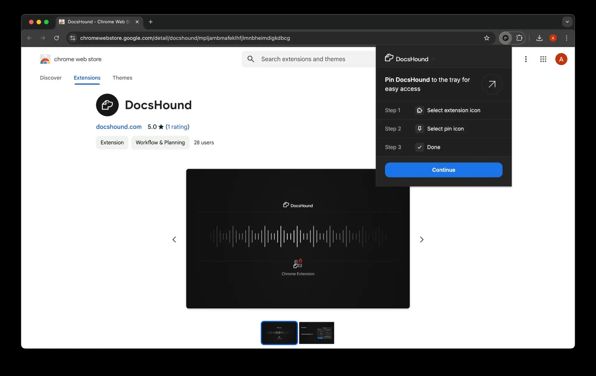 DocsHound Chrome Web Store extension page with pinning instructions pop-up