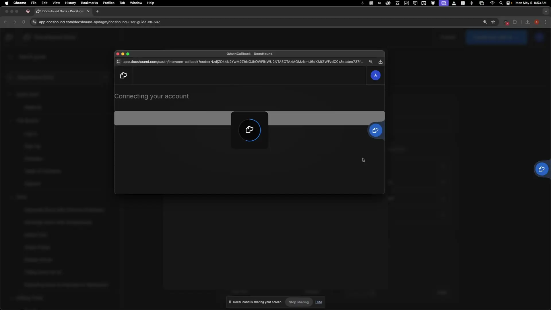 DocsHound integration connection screen with account linking in progress.