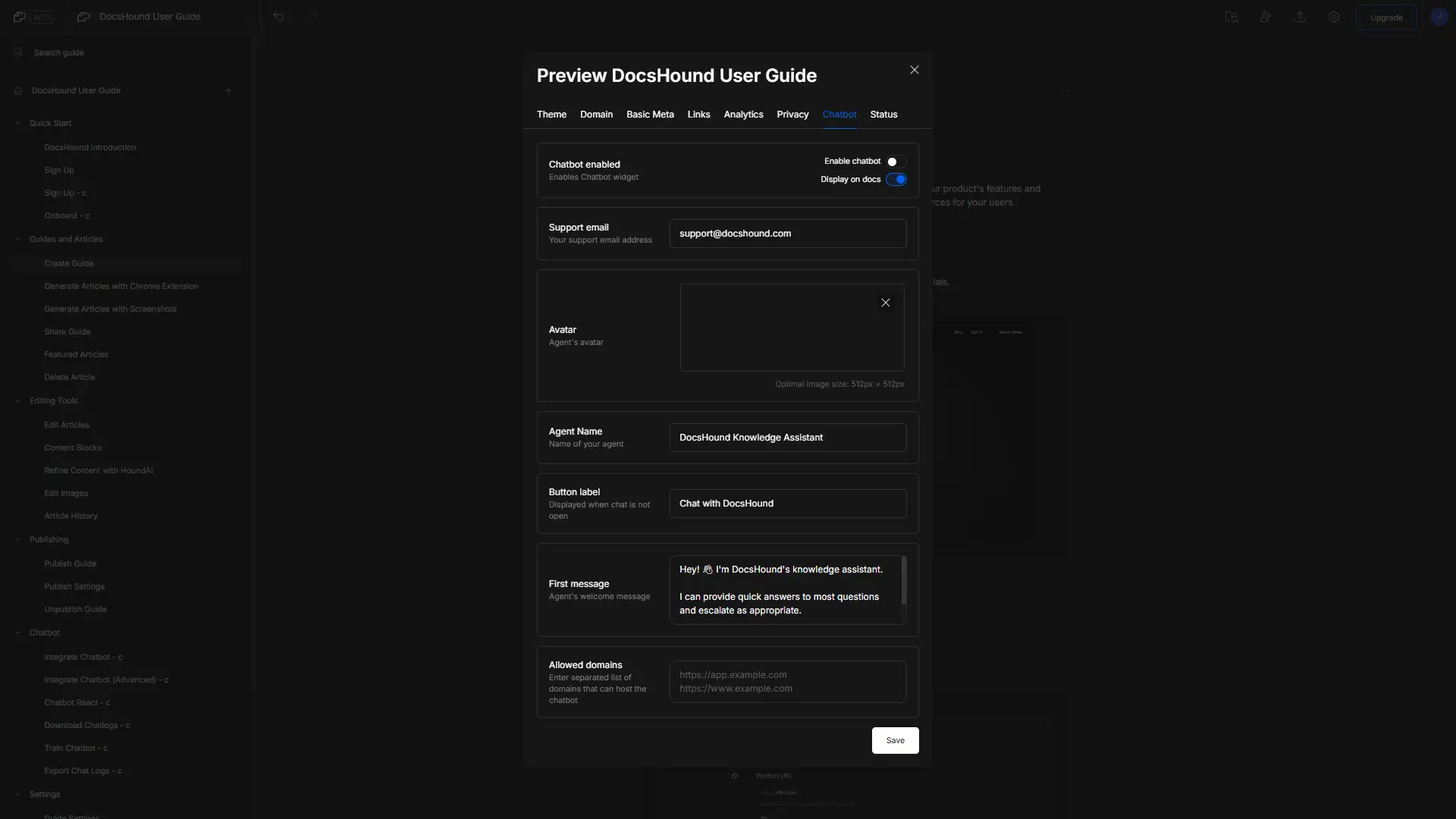 DocsHound User Guide Chatbot integration settings screen.