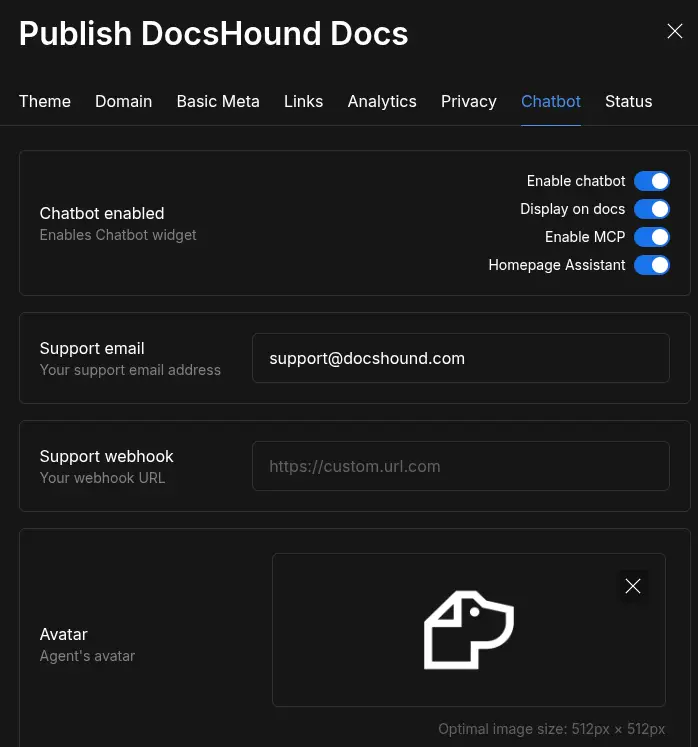 Publish DocsHound Docs - Chatbot Configuration Screen