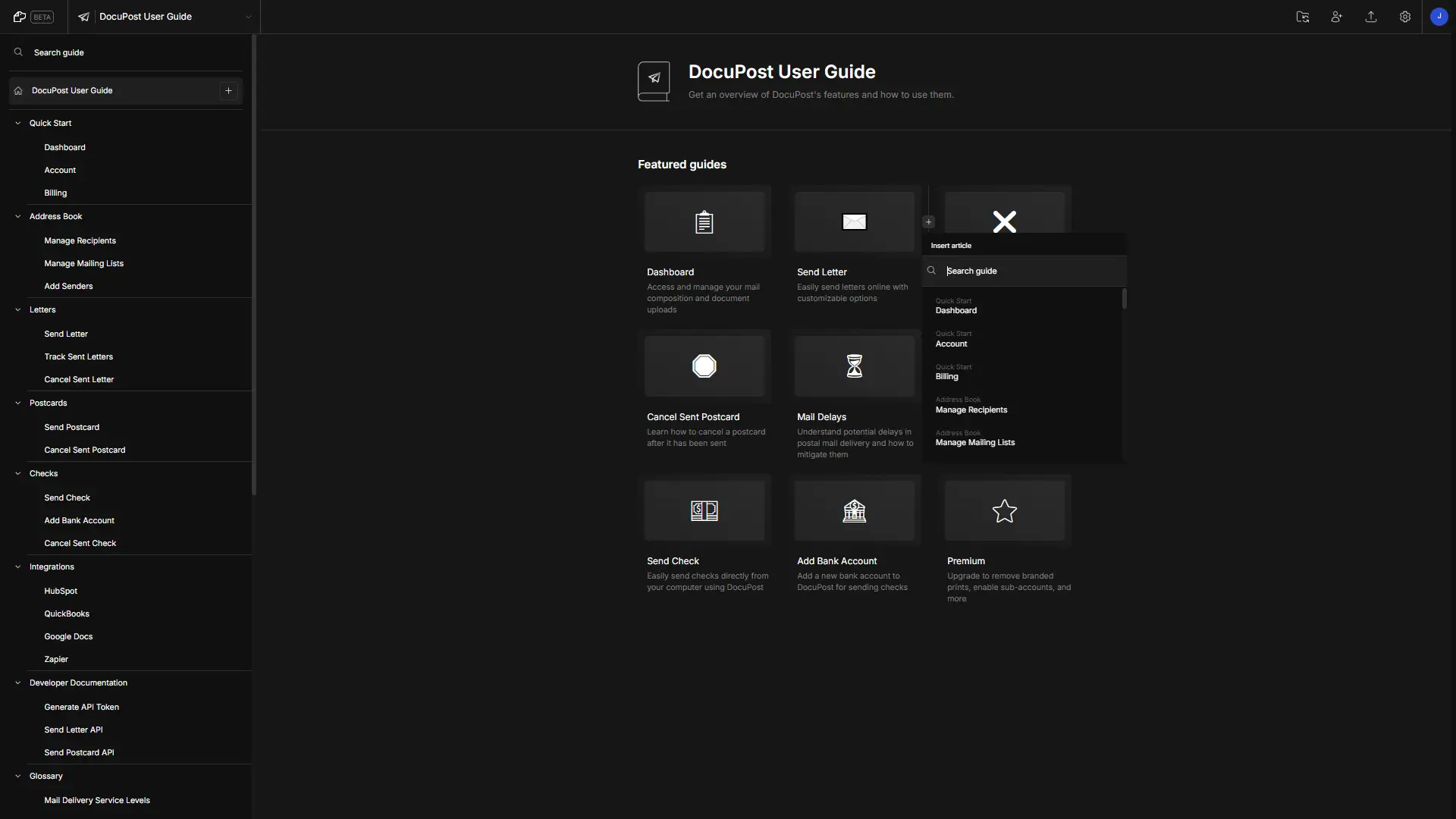 DocuPost User Guide interface with featured guides and navigation menu.