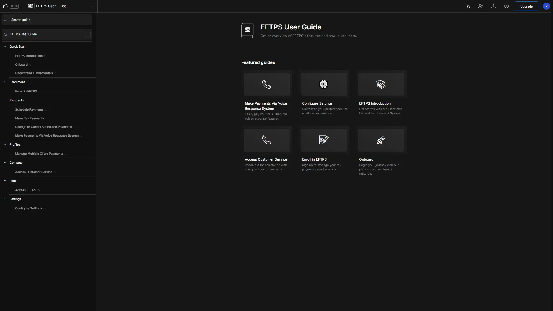 EFTPS User Guide interface in DocsHound with featured guides and navigation menu.