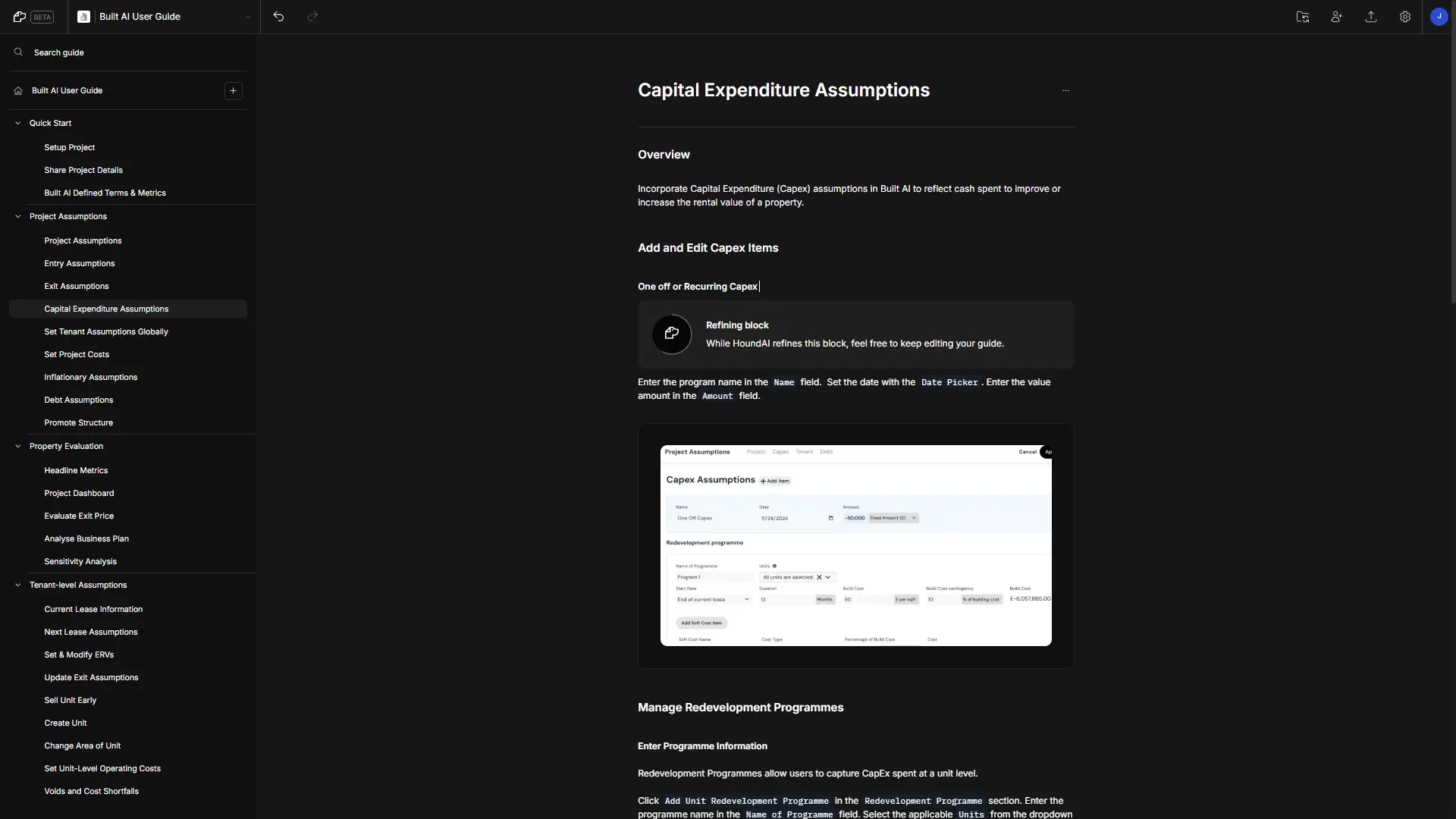 DocsHound Built AI User Guide - Capital Expenditure Assumptions section