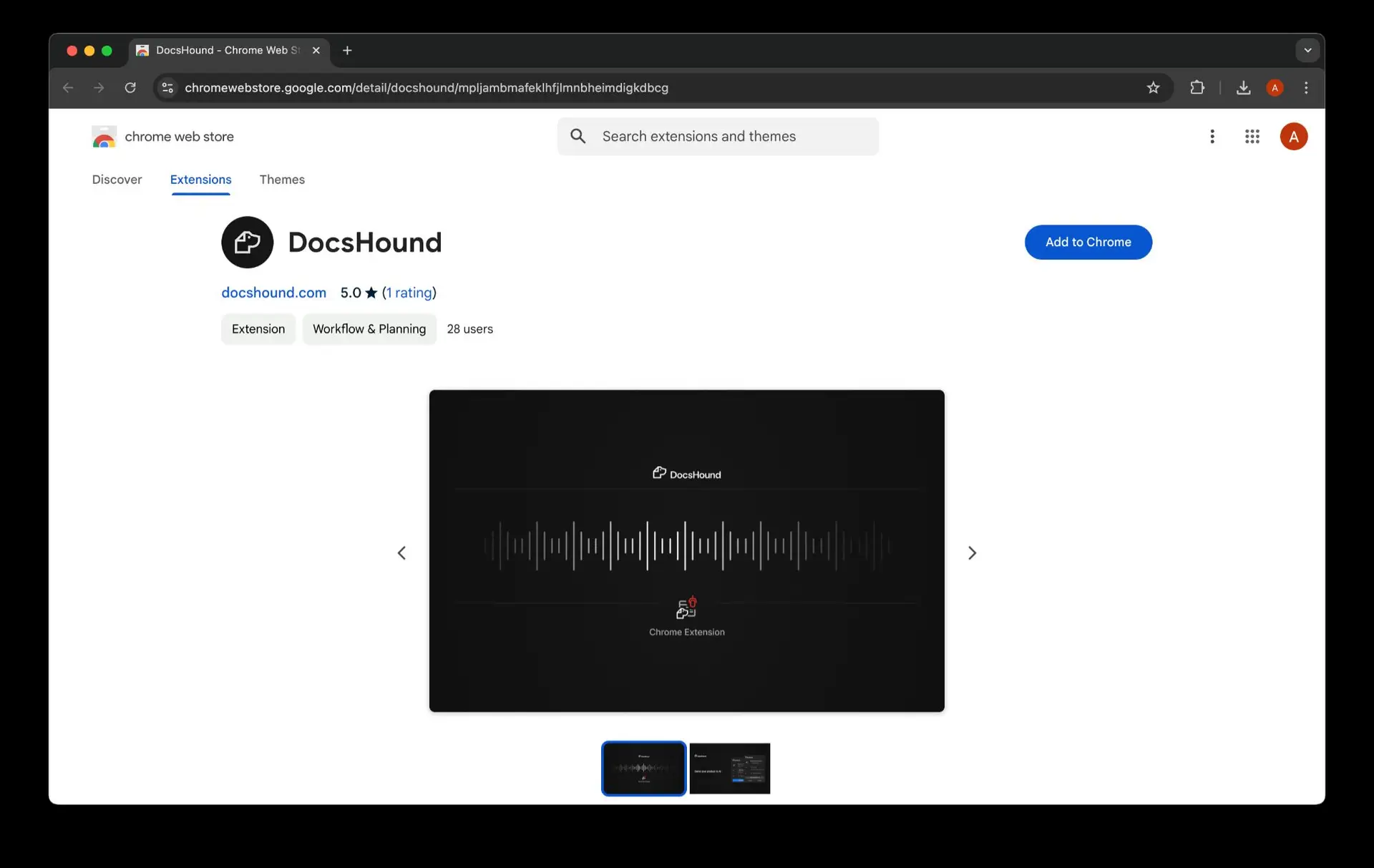 DocsHound extension page on Chrome Web Store