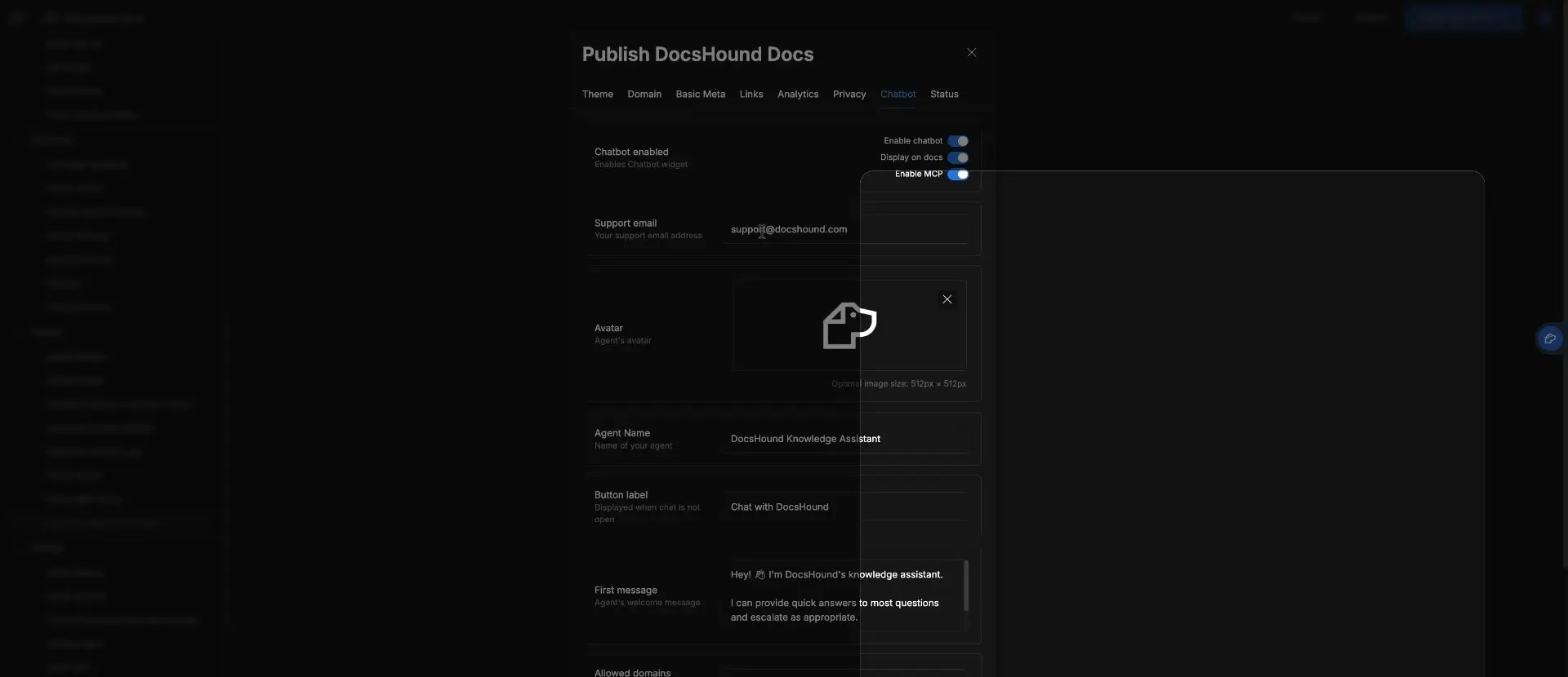 Publish DocsHound Docs Chatbot settings screen