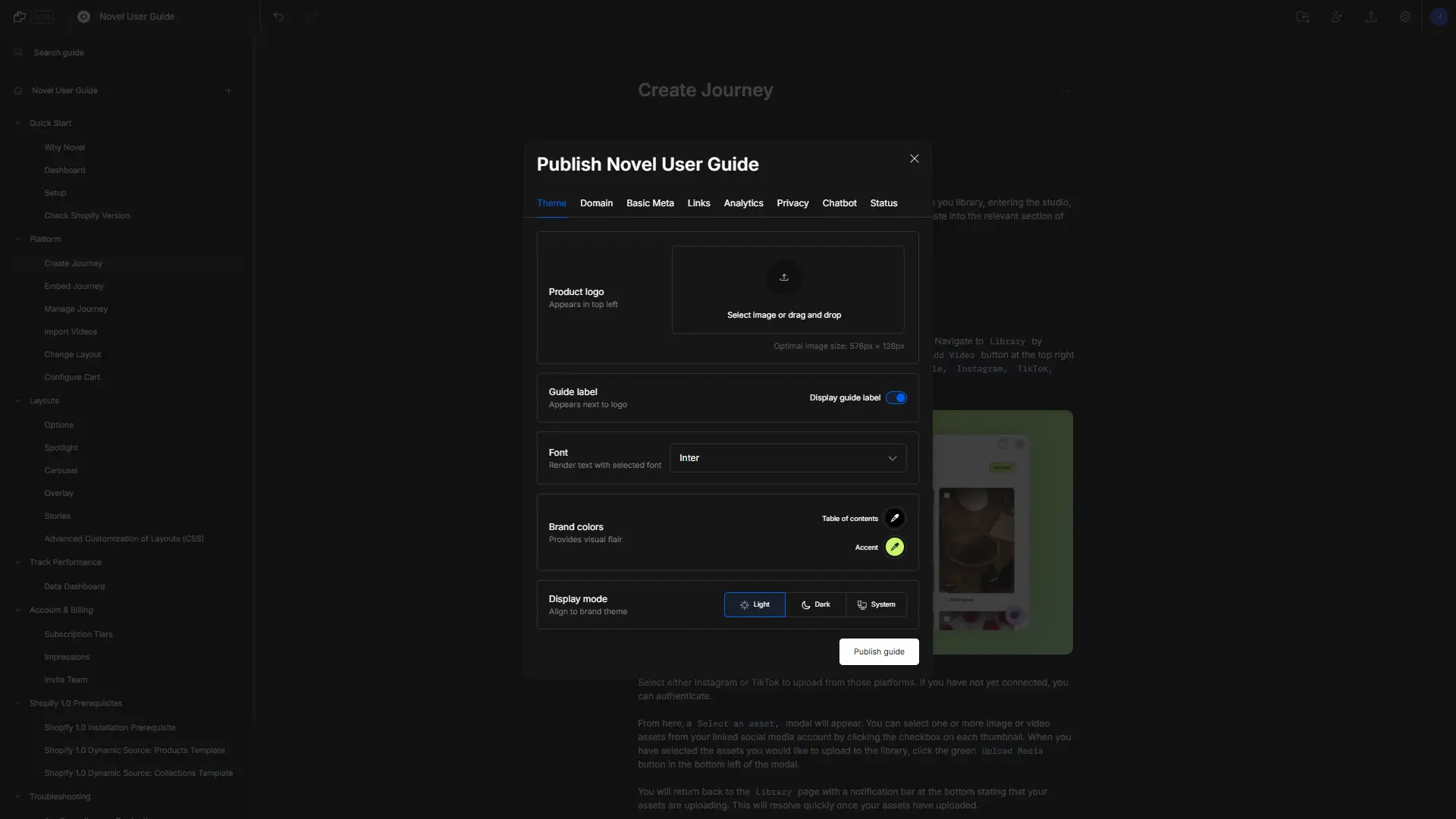 DocsHound Publish Novel User Guide interface for publishing documentation