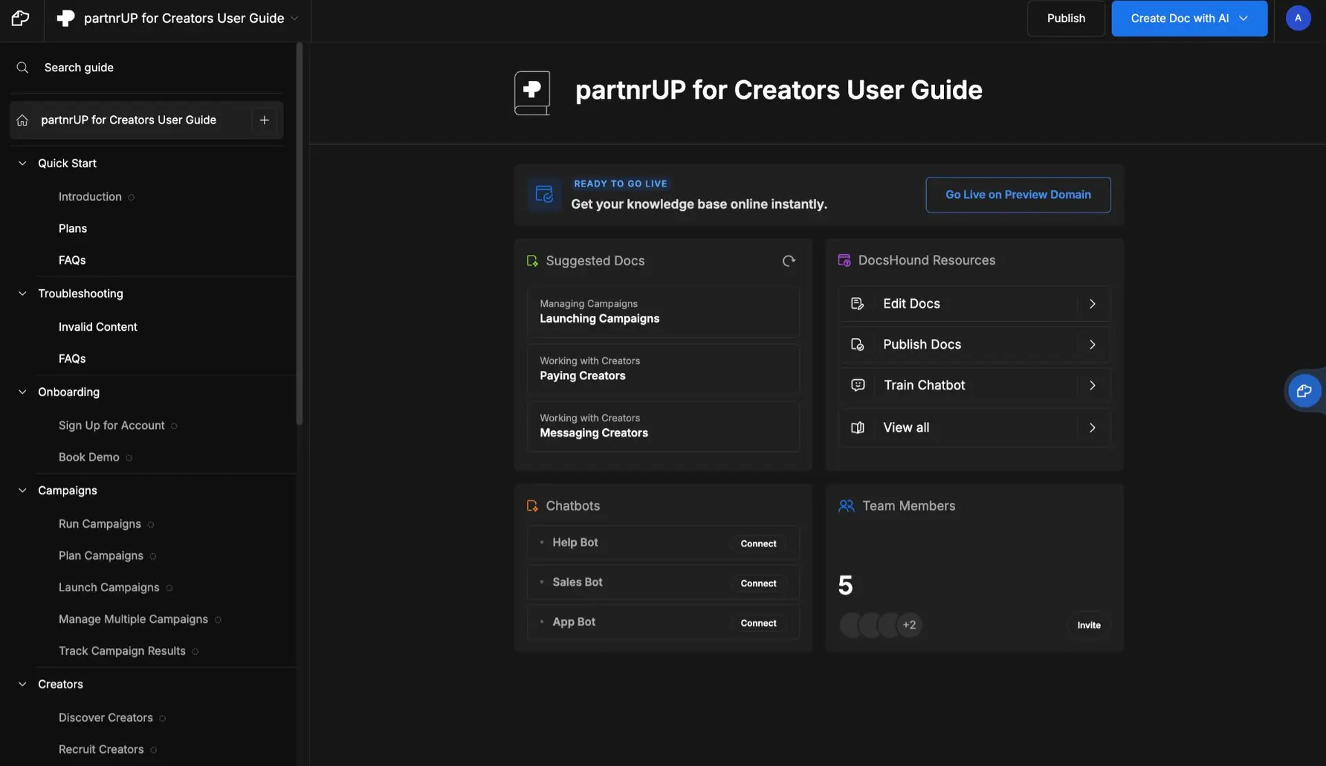 The screenshot displays the DocsHound interface for the 'partnrUP for Creators User Guide'. It showcases features like suggested documentation, resources, chatbot integration, and team member management.