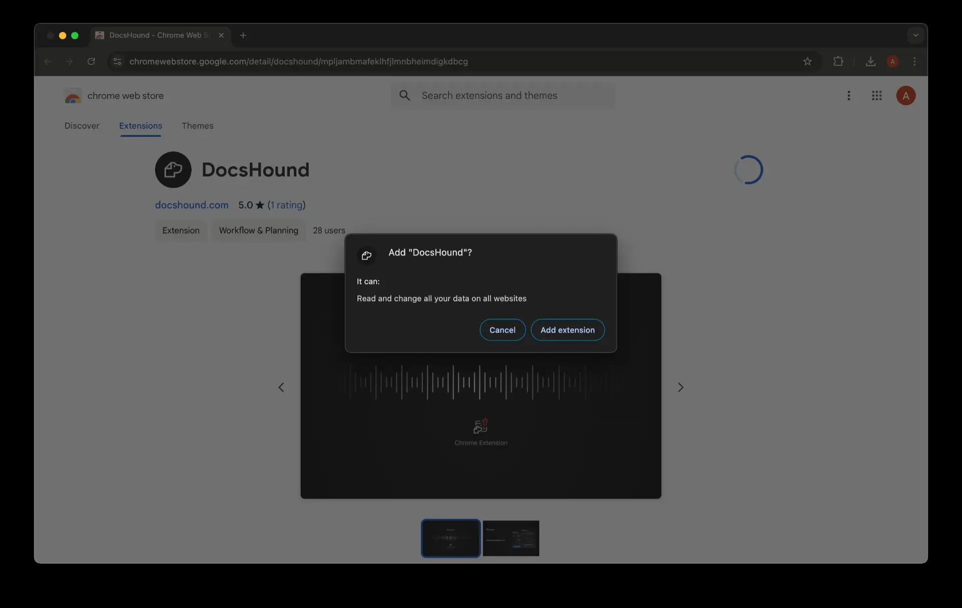 Chrome Web Store page for DocsHound extension with add extension dialog