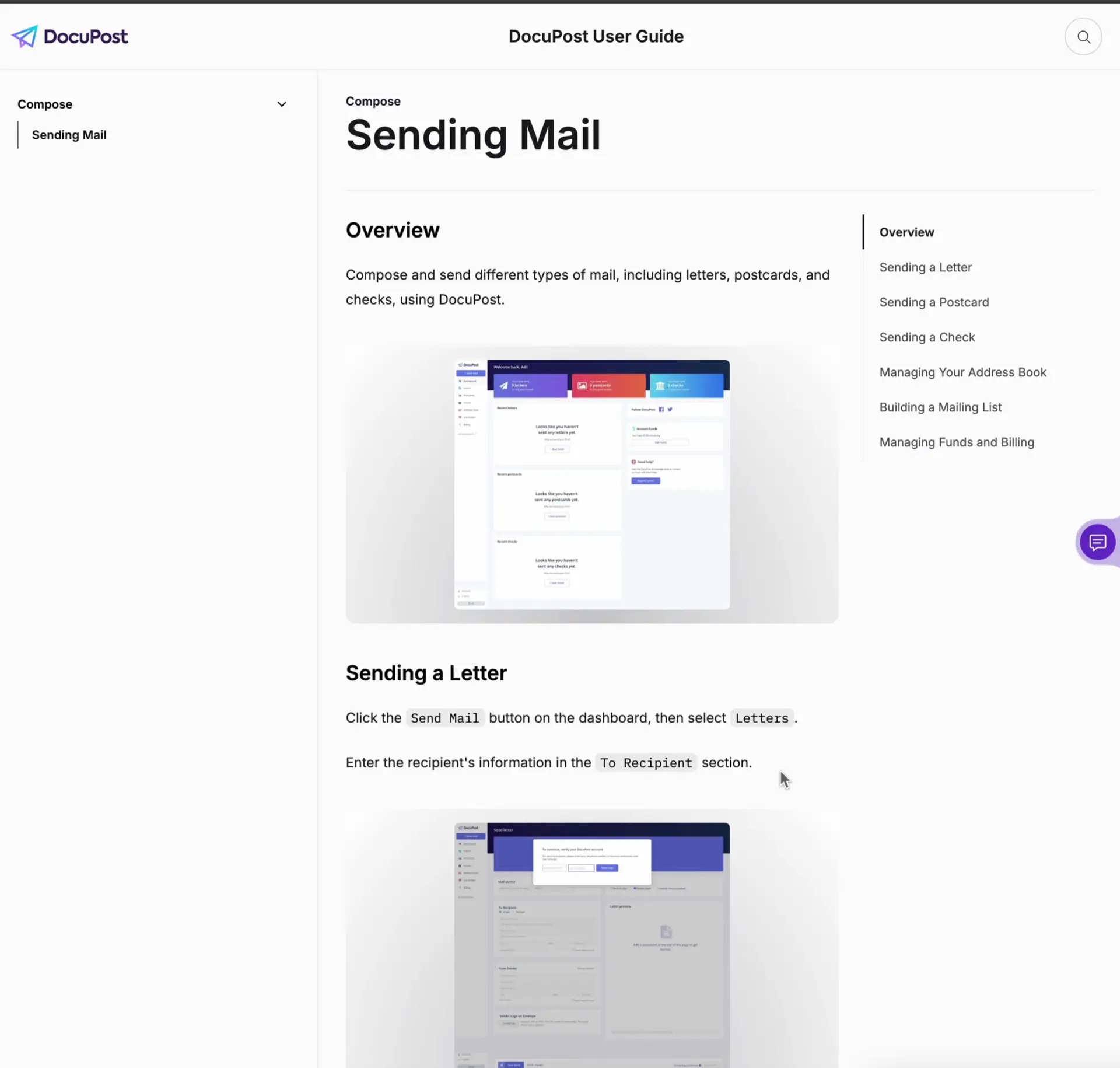 DocuPost User Guide - Sending Mail section