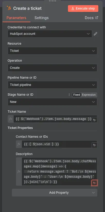 DocsHound Create a ticket screen with webhook parameters and settings