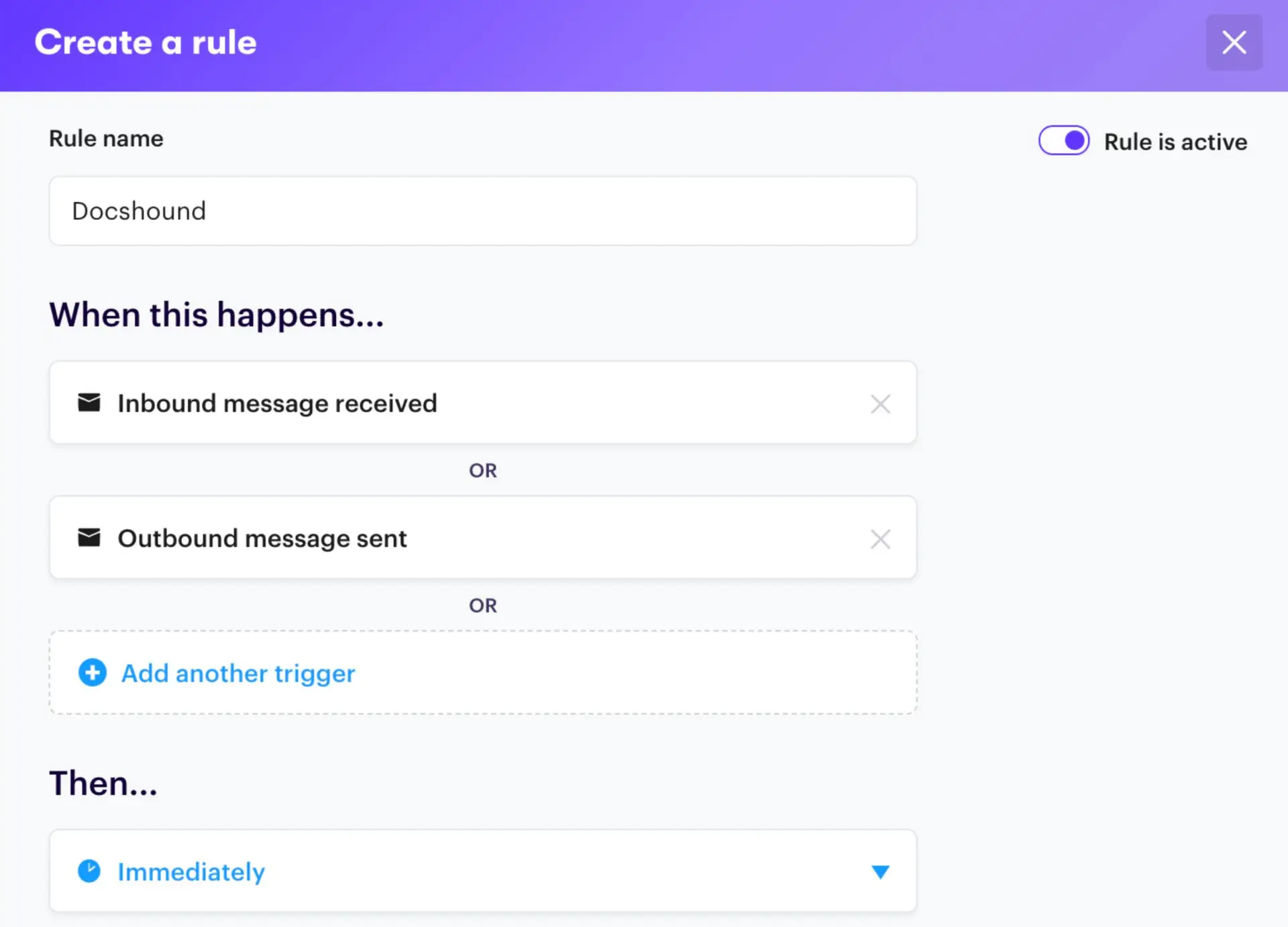 Create a rule screen in DocsHound for setting chatbot triggers and actions