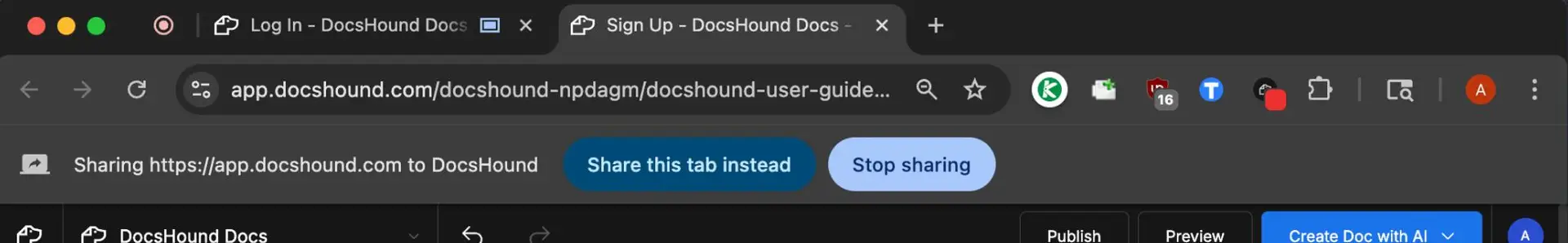 Browser interface showing DocsHound tab with sharing options and document management buttons.