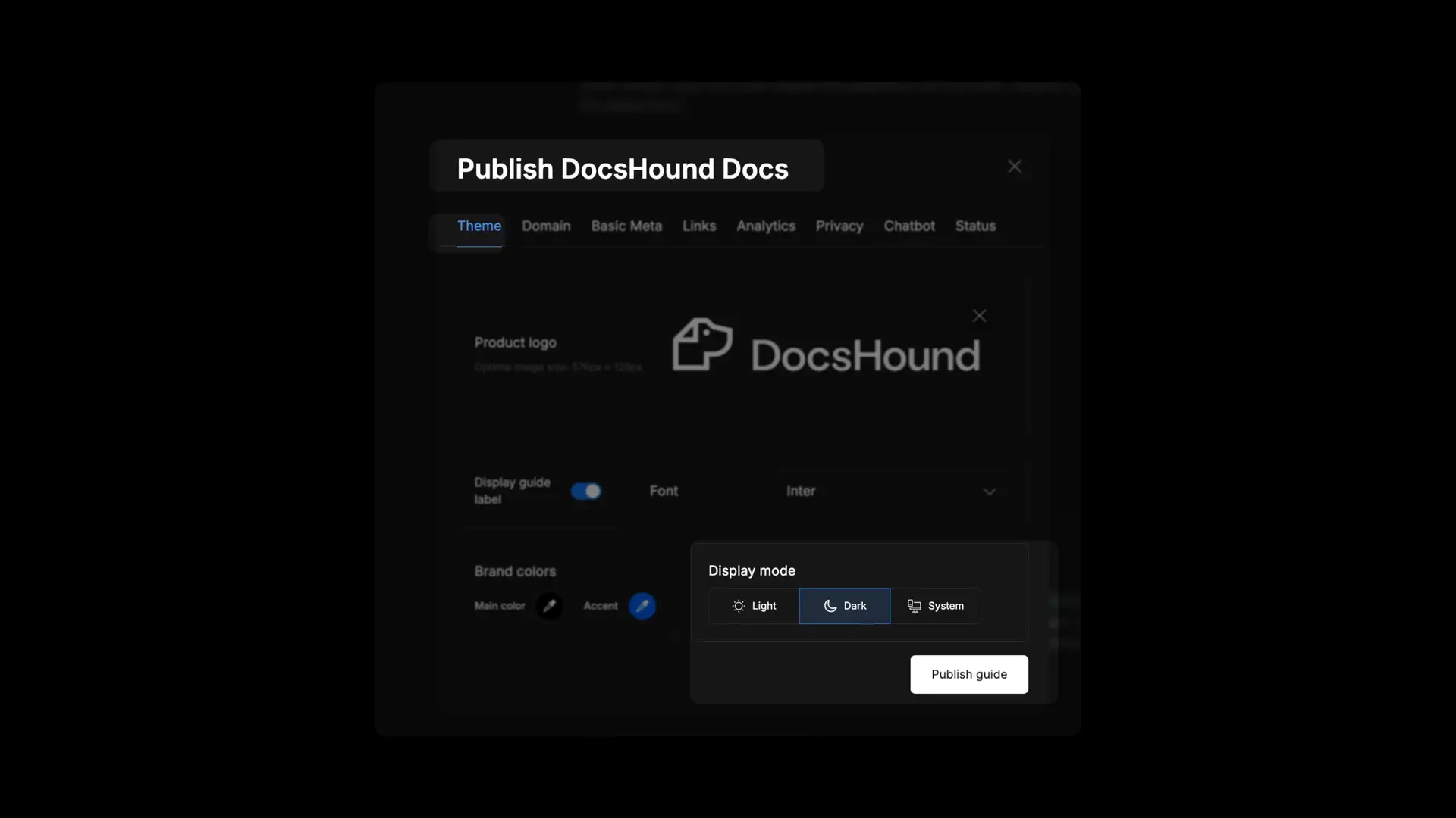 Publish DocsHound Docs screen with Theme settings for logo, font, brand colors, and display mode.