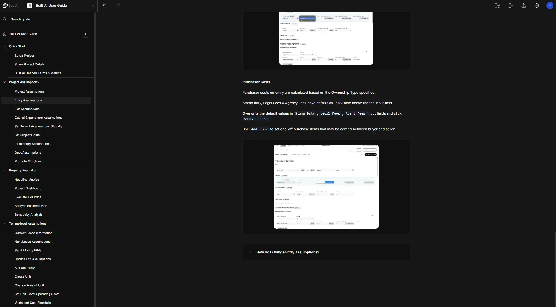 DocsHound interface showing Built AI User Guide with focus on Entry Assumptions and Purchaser Costs instructions.