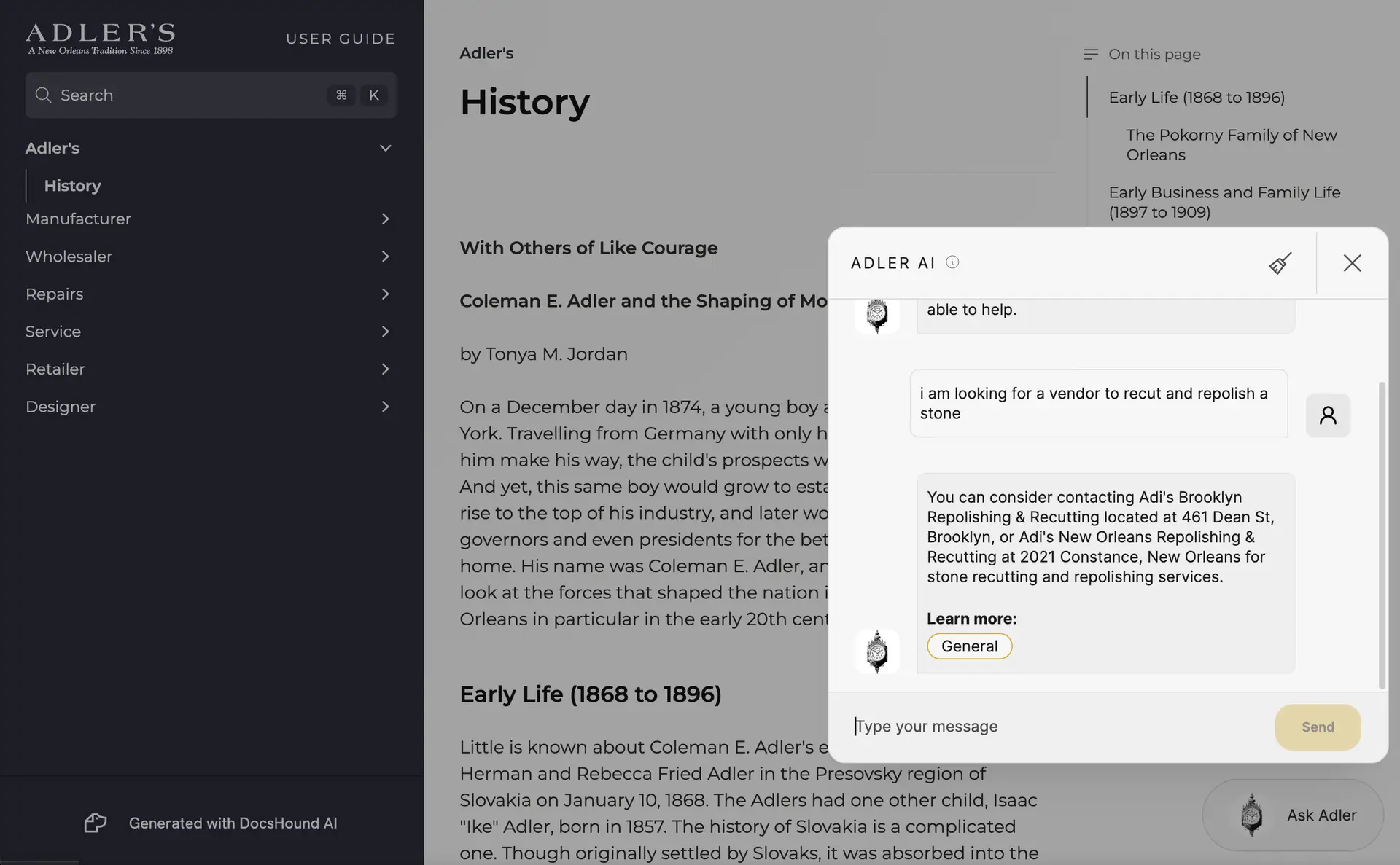 Adler's User Guide History section with ADLER AI chatbot interaction