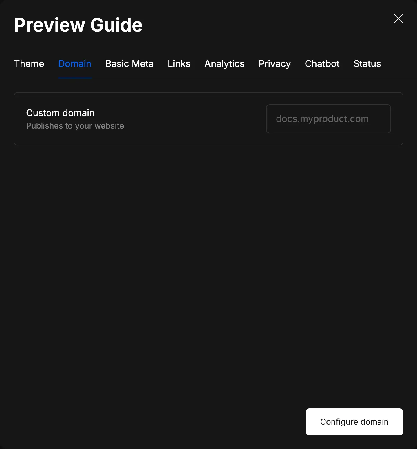 DocsHound Preview Guide Domain Tab for Publishing