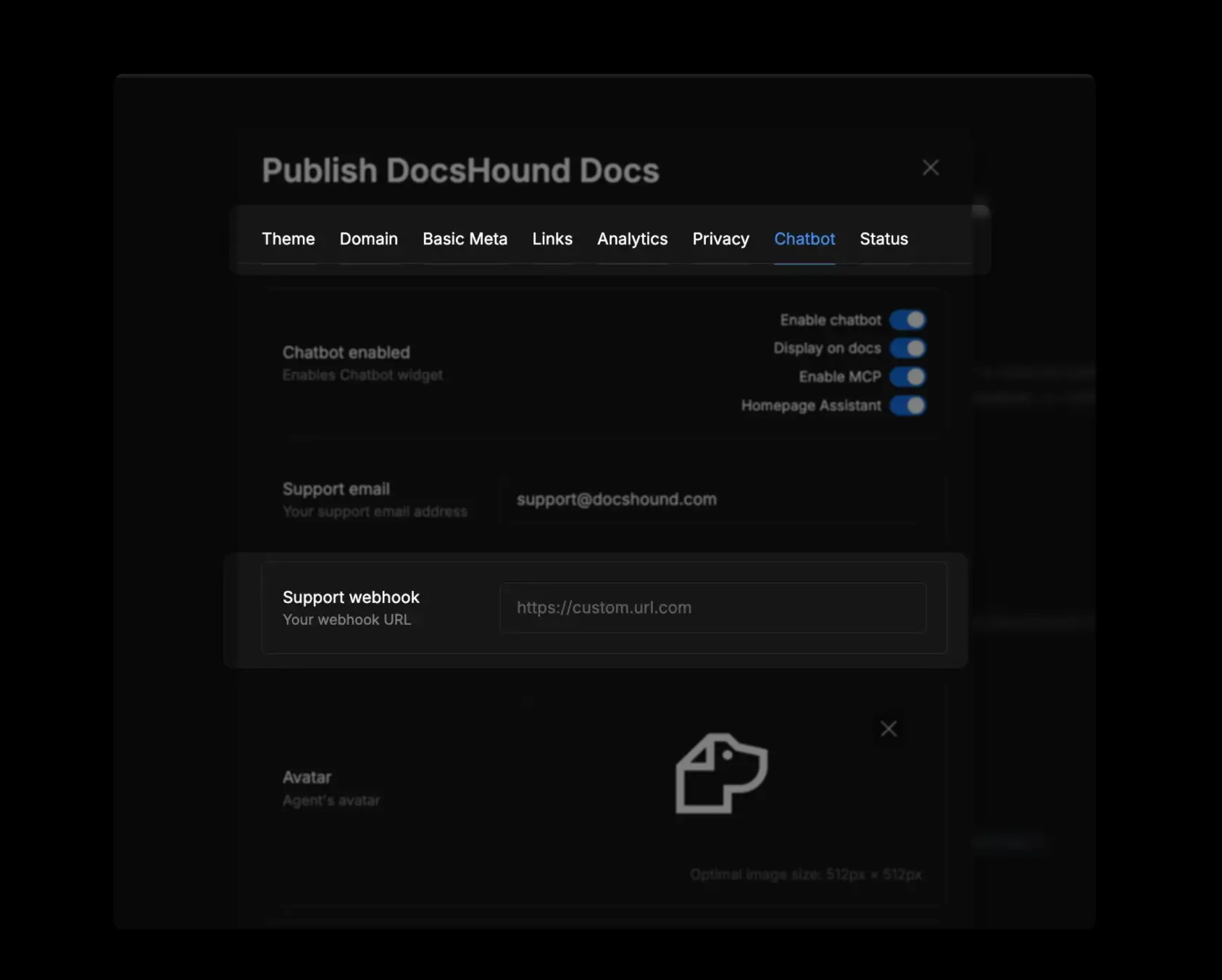DocsHound Publish DocsHound Docs Chatbot settings with support webhook URL field