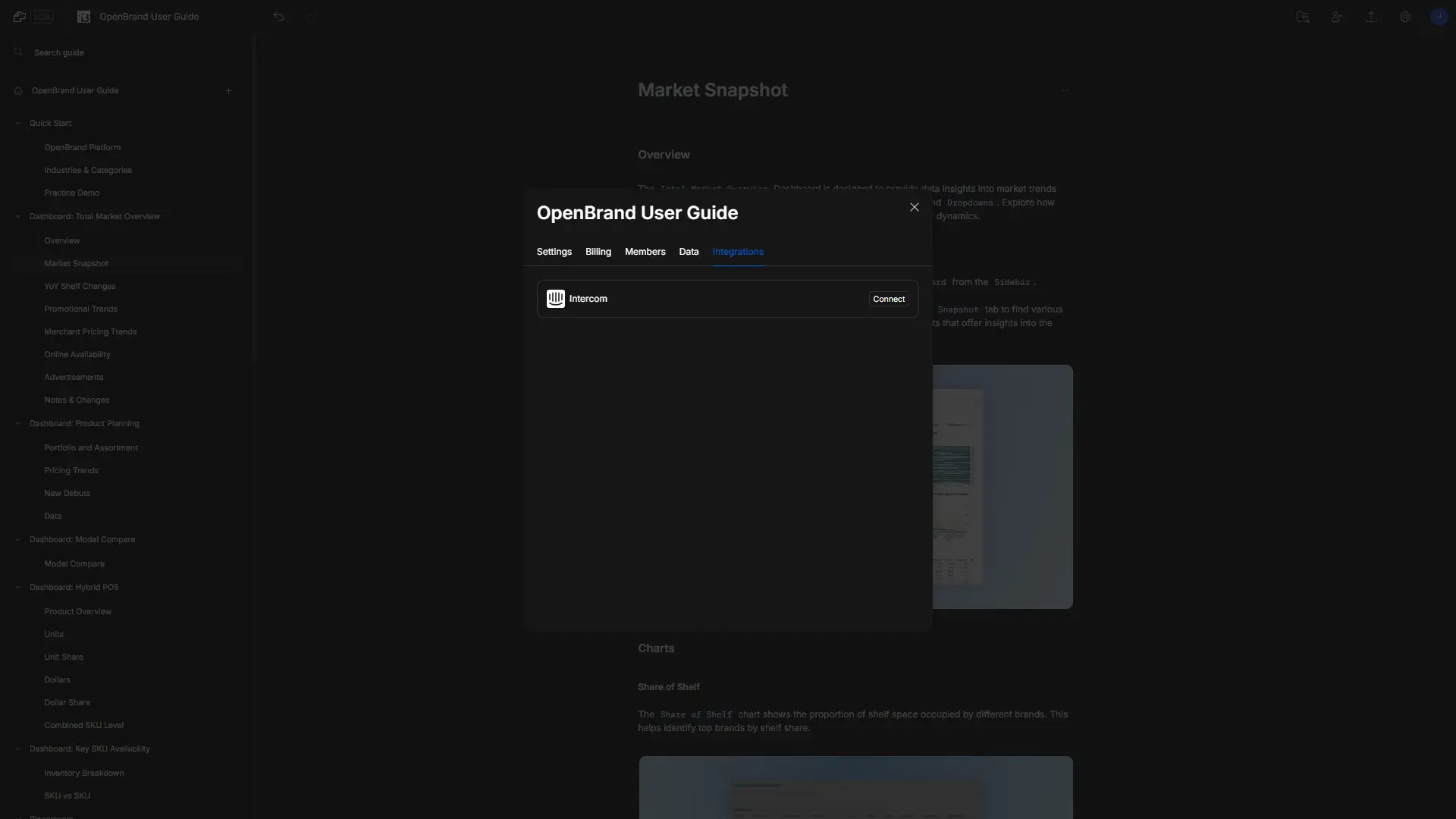 DocsHound OpenBrand User Guide settings screen showing Integrations tab with Intercom connection option.