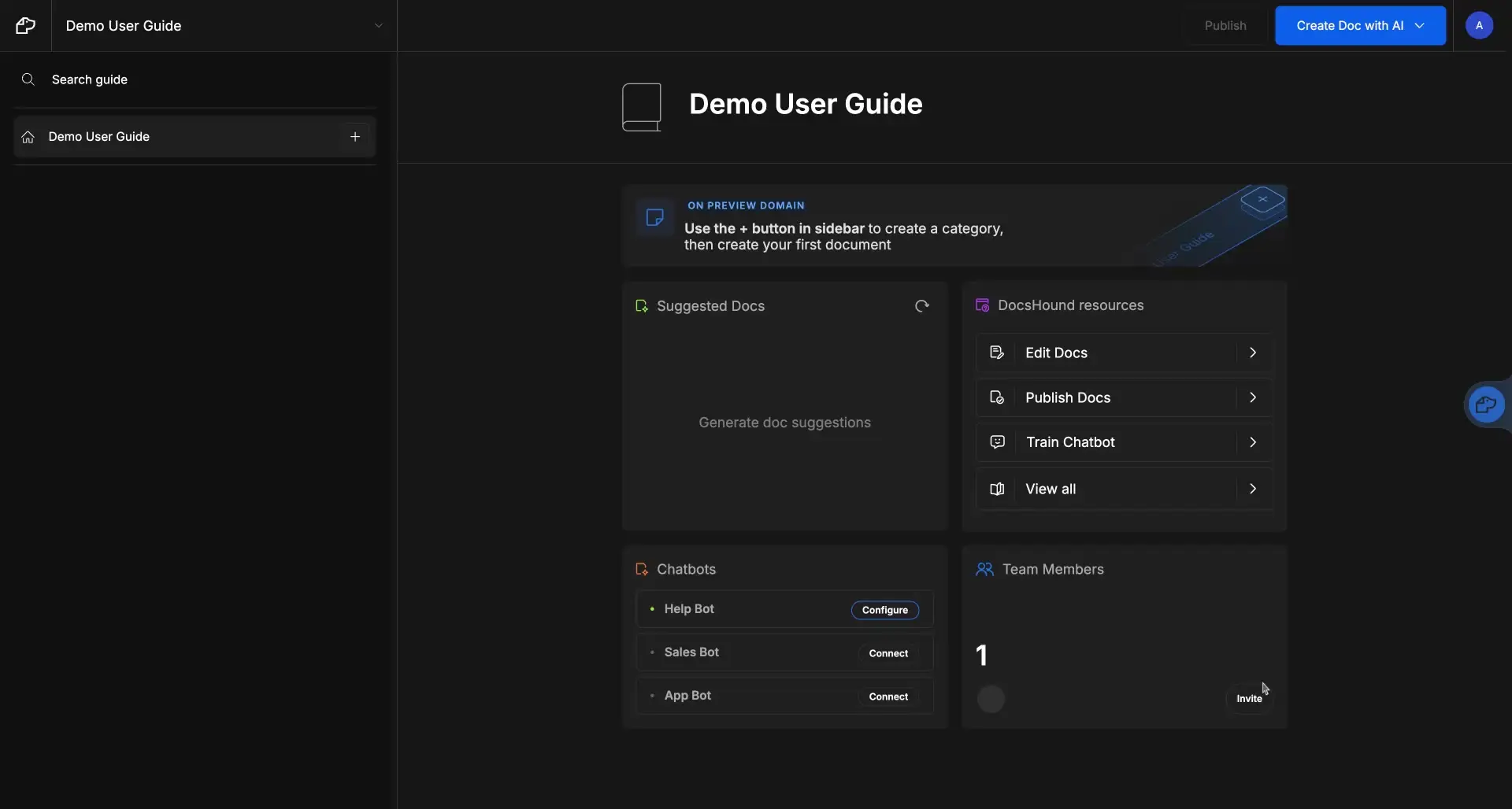 DocsHound interface for generating articles in Demo User Guide