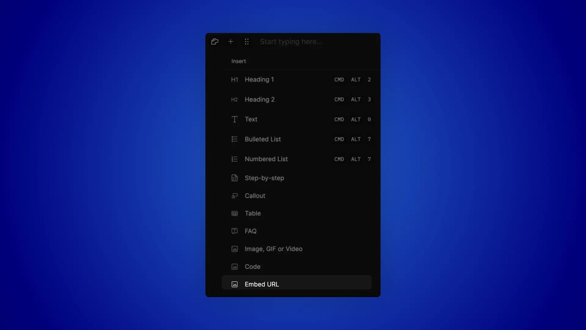 DocsHound editor interface showing the 'Insert' menu with options for adding various elements to documentation.