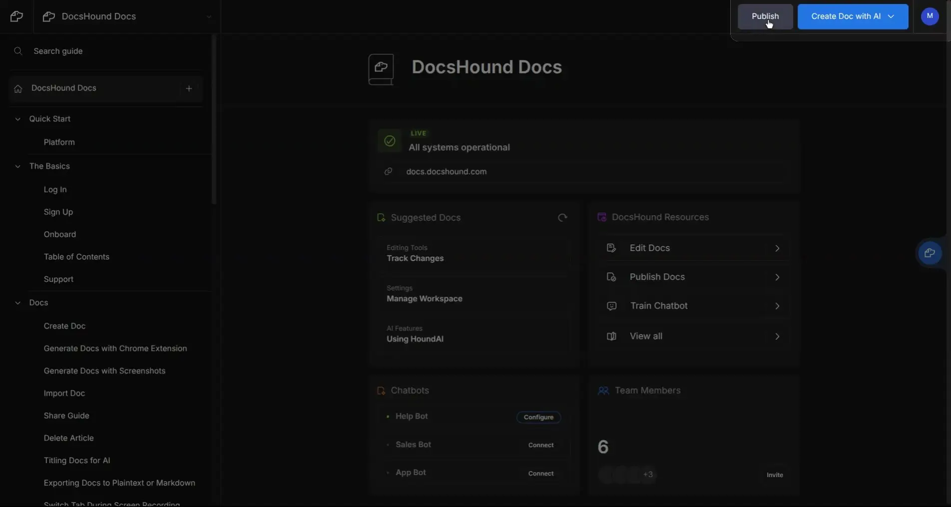 DocsHound Docs dashboard showing navigation panel, system status, suggested docs, resources, chatbots, and team members.