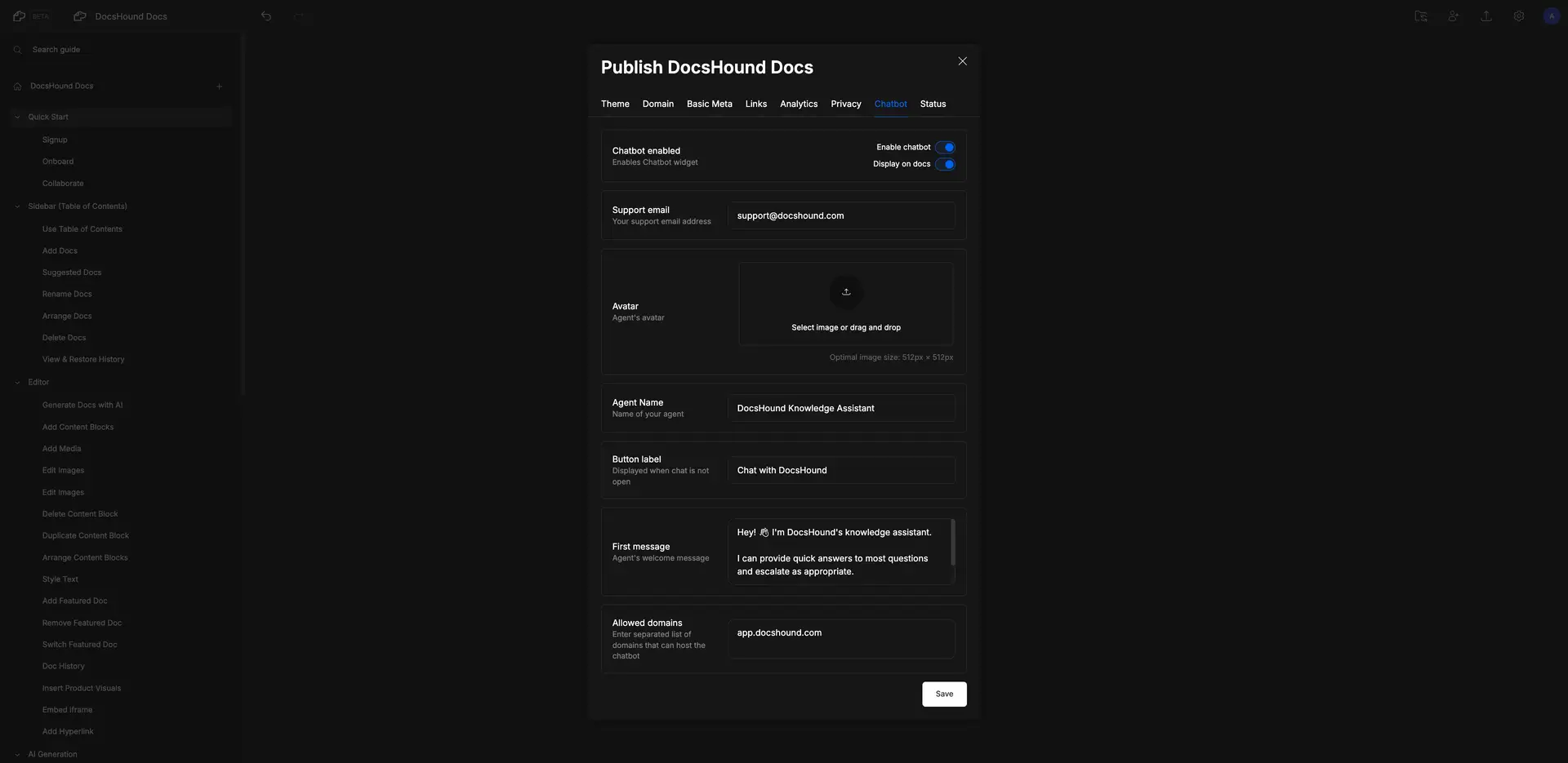 DocsHound Docs Chatbot settings screen with options to enable chatbot, set support email, upload avatar, and configure agent details.