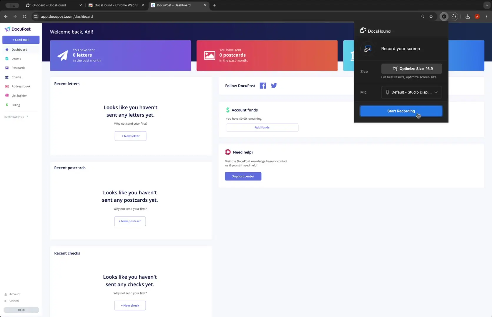 DocuPost dashboard with DocsHound screen recording widget