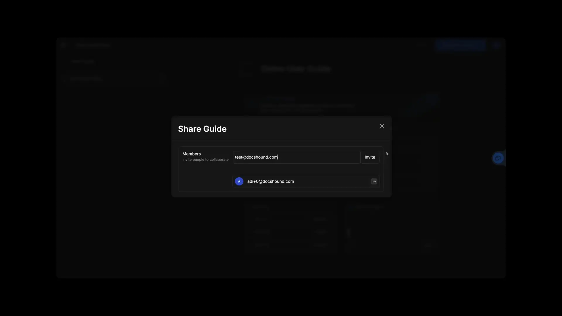 DocsHound Share Guide interface for inviting collaborators to a guide.