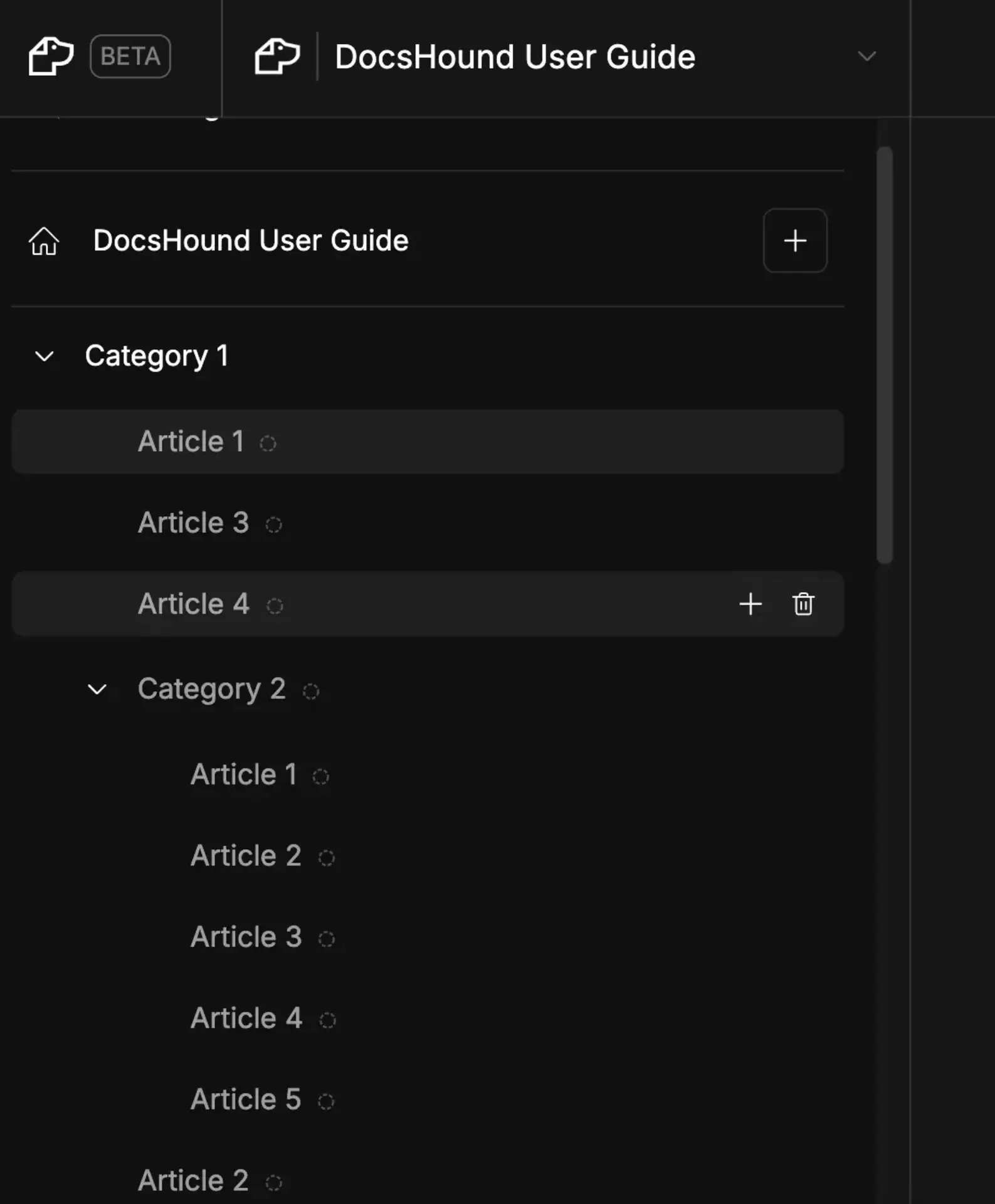 DocsHound User Guide Table of Contents with categories and articles