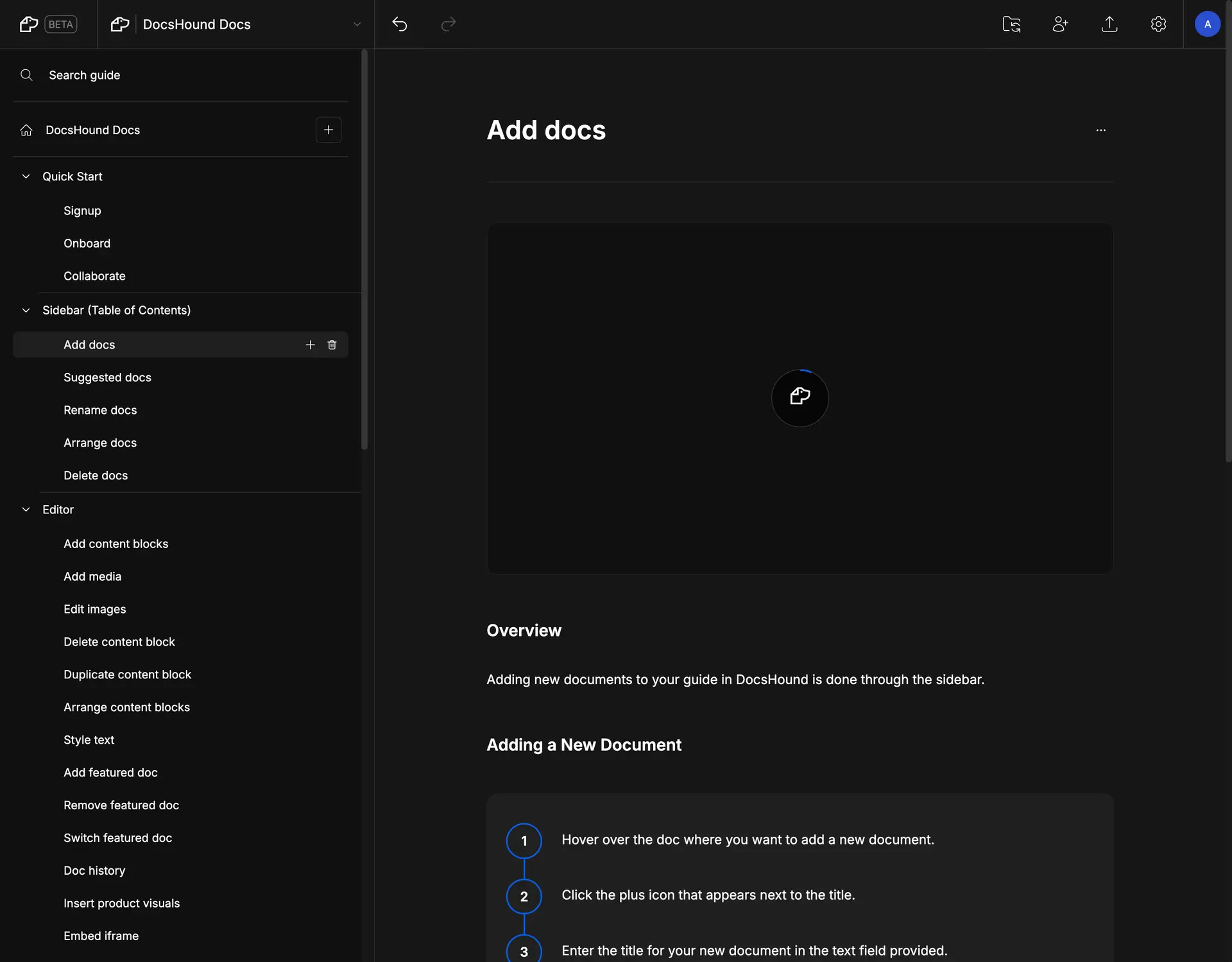 DocsHound interface showing the 'Add docs' section in the Sidebar (Table of Contents) with instructions for adding a new document.